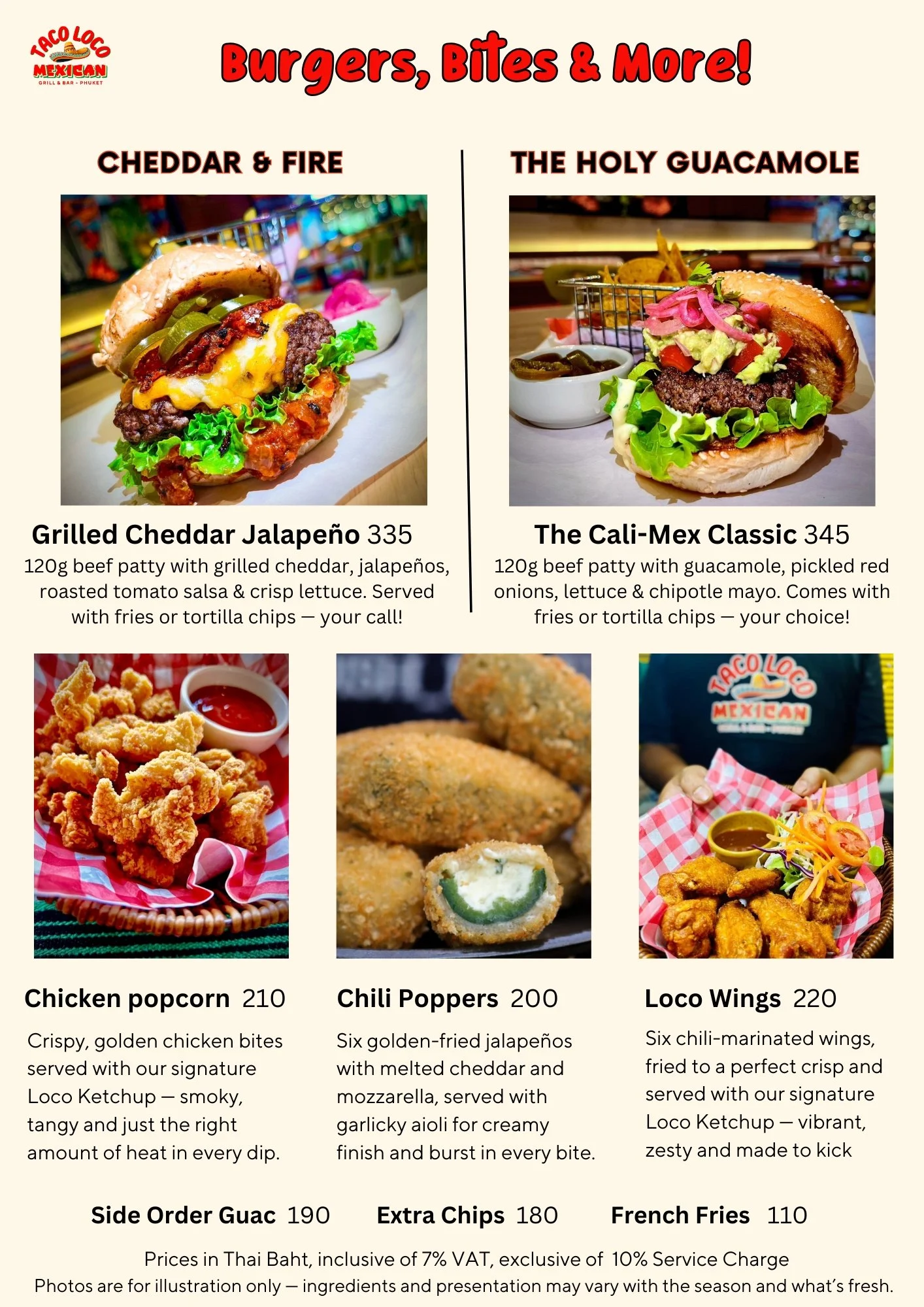Menu with photos of burgers, fried chicken, jalapeno peppers, and various sides from a restaurant called Taco Loco Mexican. Items include Cheddar & Fire burger, Holy Guacamole burger, chicken popcorn, chili peppers, loco wings, side order guacamole, extra chips, and French fries, with prices listed in Thai Baht.
