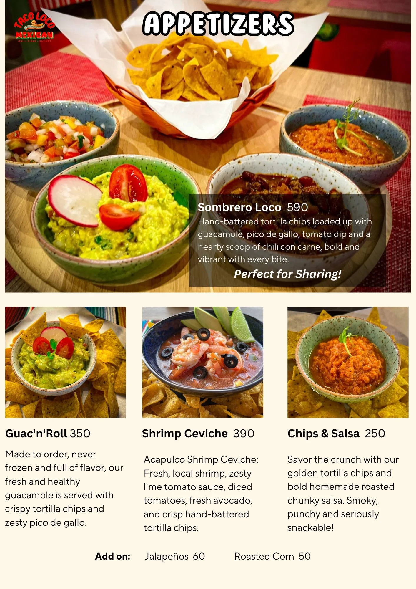 A table with a basket of tortilla chips and four bowls of Mexican appetizers including guacamole, shrimp ceviche, chili con carne, and salsa, with a restaurant logo in the corner.