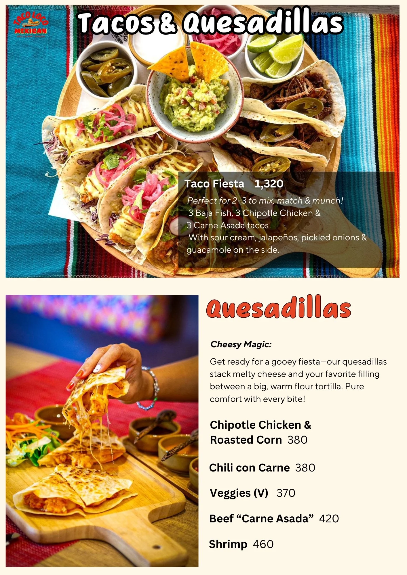 Plate of tacos with various fillings, including shredded beef, chicken, and vegetarian options, surrounded by small bowls of lime wedges, pickled onions, sour cream, and jalapenos. A bowl of guacamole with tortilla chips is in the background, displayed on a colorful Mexican tablecloth.