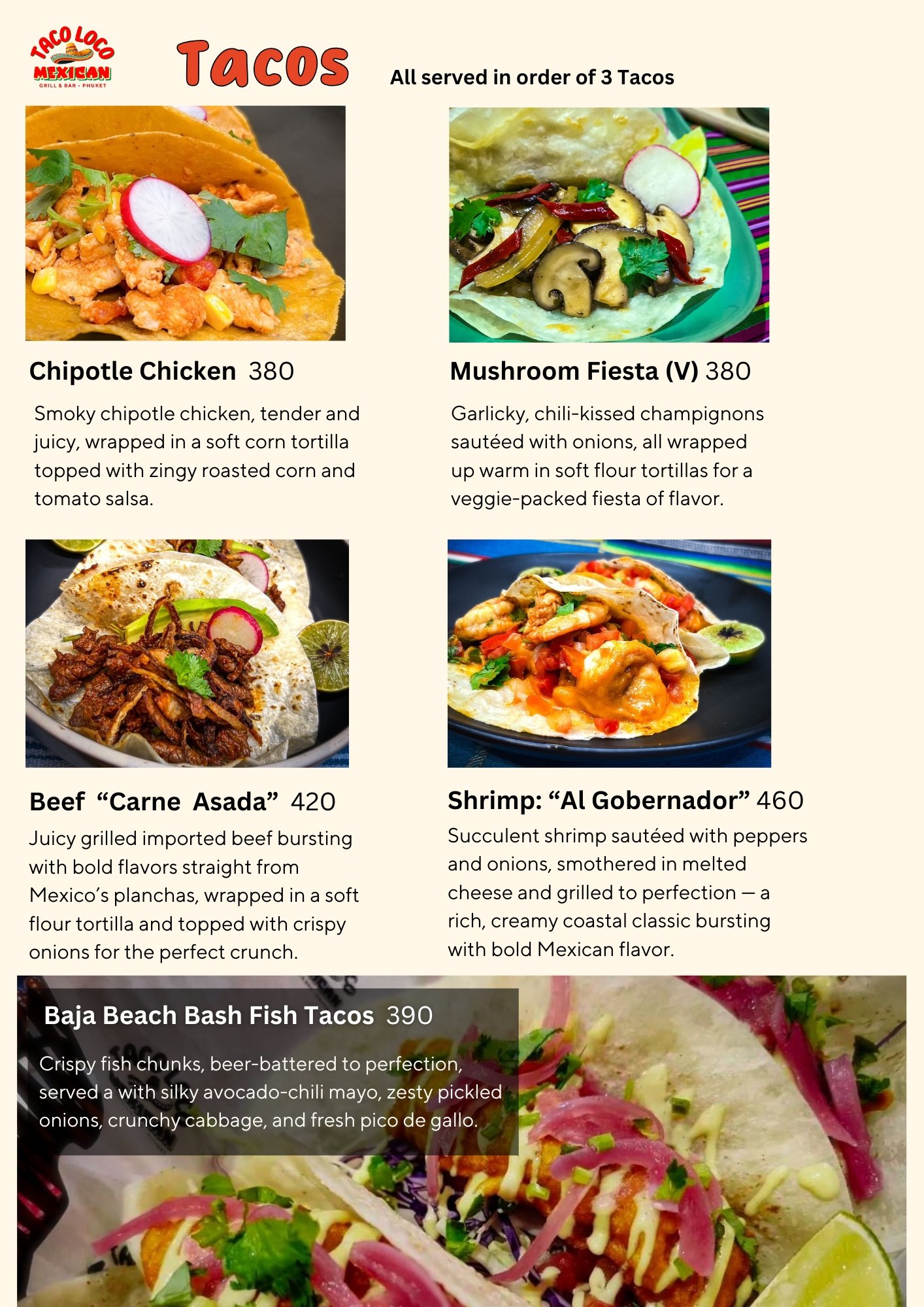 A menu displaying various tacos with pictures and descriptions, including Chipotle Chicken, Mushroom Fiesta, Beef Carne Asada, Shrimp Al Gobernador, and Baja Beach Bash Fish Tacos.