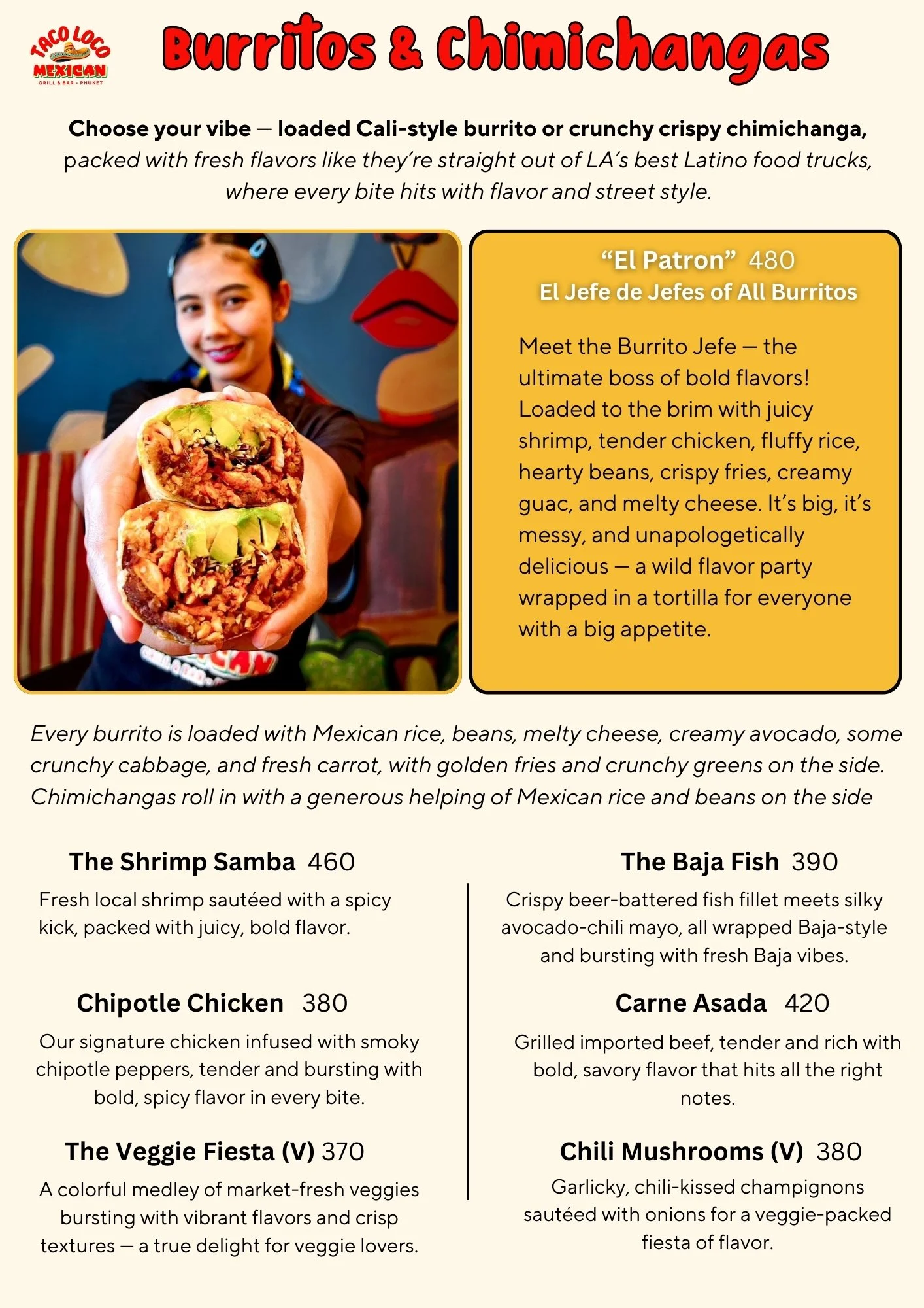 A woman smiling and holding a halved burrito with rice, beans, chicken, and avocado, in a restaurant setting with colorful wall art in the background.