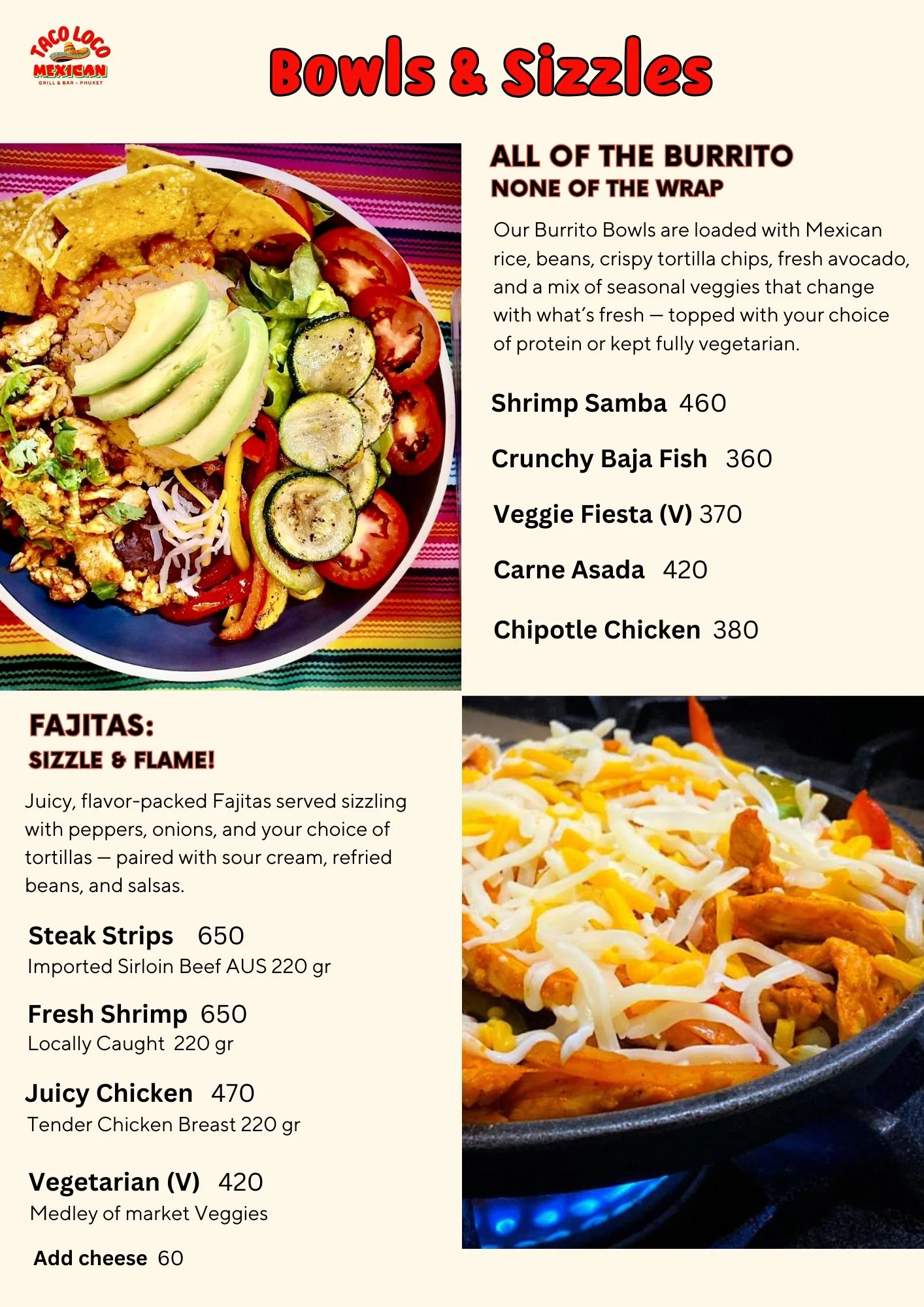 A Mexican restaurant menu featuring a colorful bowl filled with rice, avocado slices, cherry tomatoes, zucchini, and tortilla chips, with a list of burrito bowl options and prices to the right.