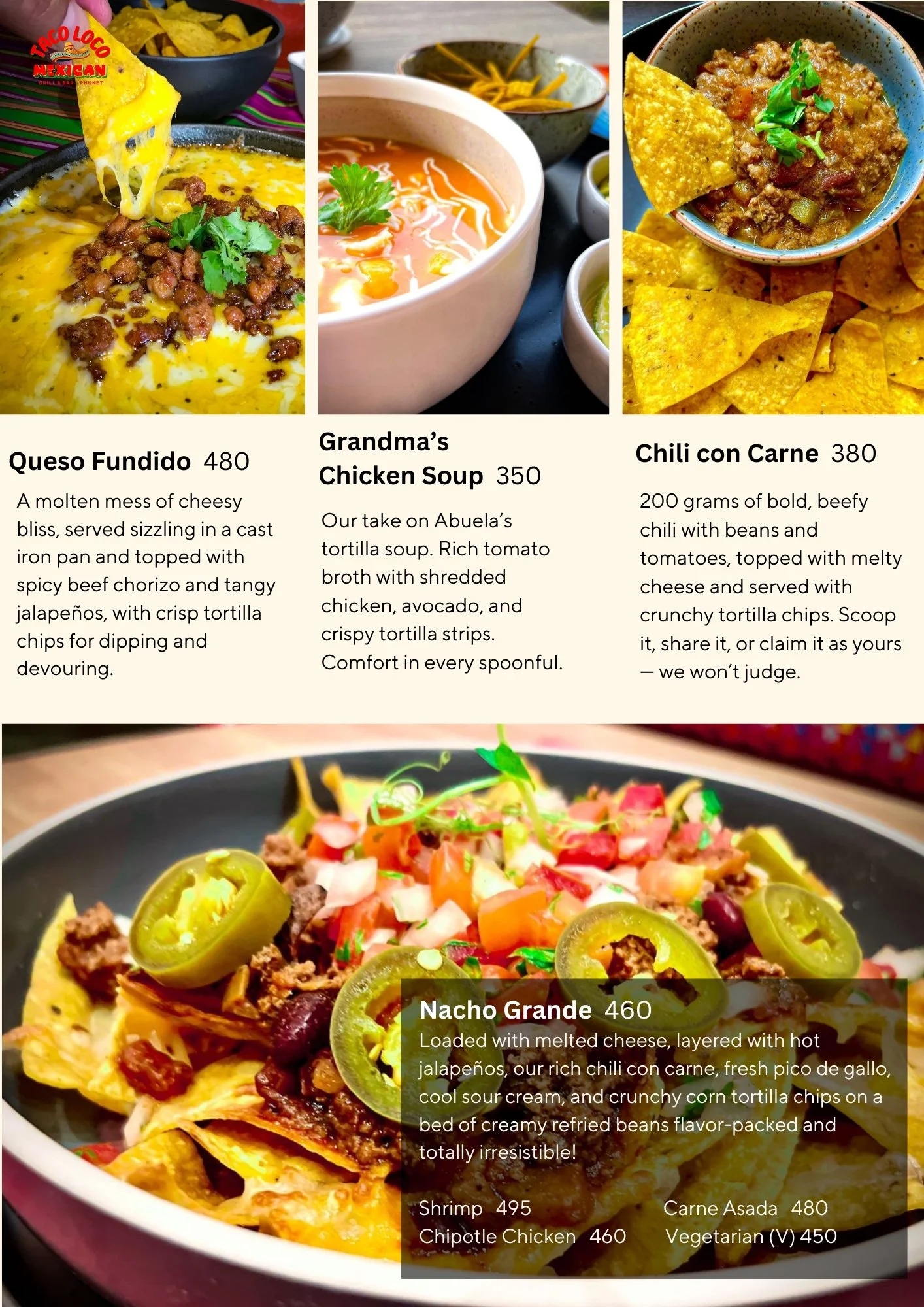 A table menu displaying images of Mexican dishes: queso fundido with melted cheese and chorizo, grandma's chicken soup with shredded chicken and vegetables, chili con carne with beef and beans, and nachos topped with melted cheese, jalapeños, chili, sour cream, and tortilla chips.