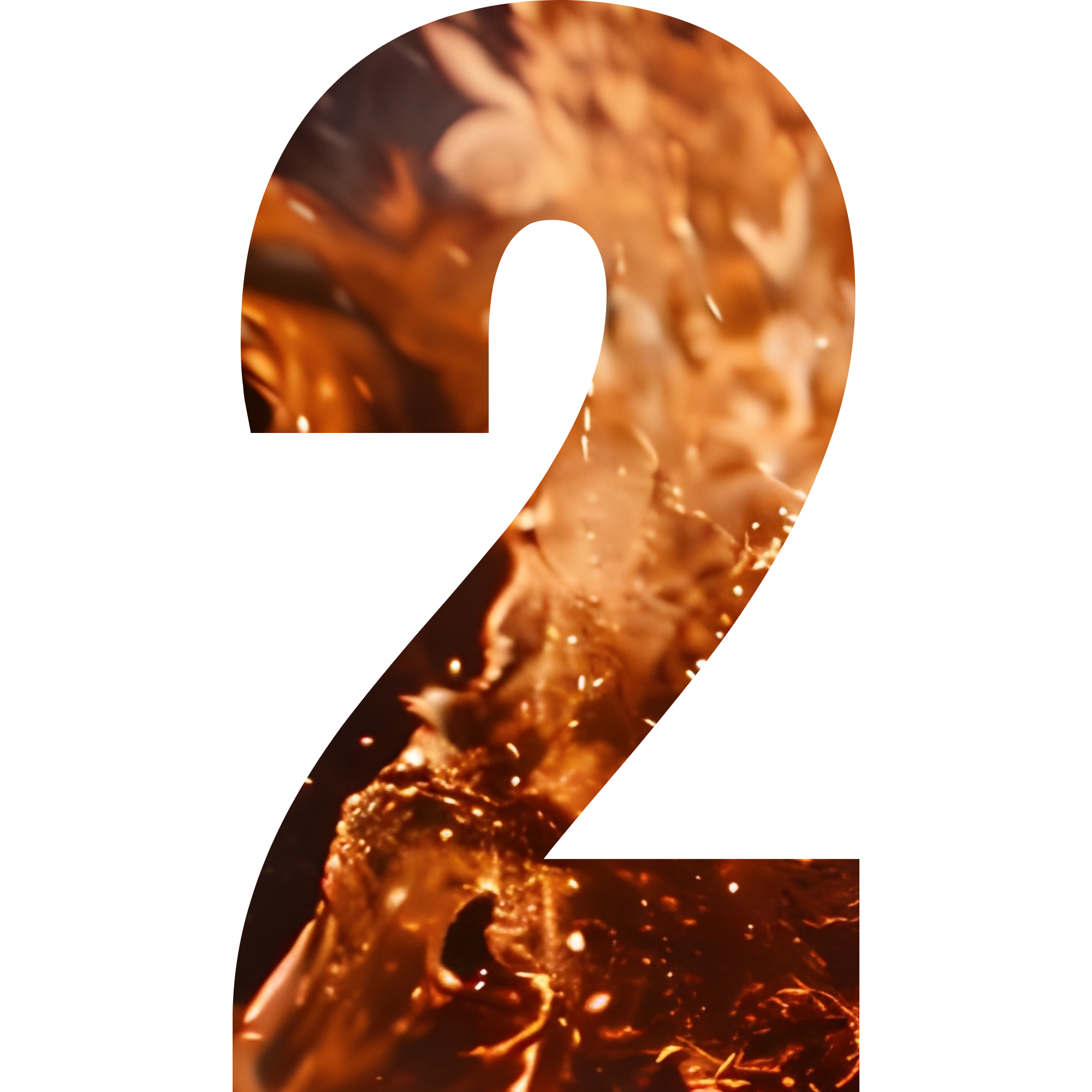 The number "2" with a textured background of brown and orange flames.