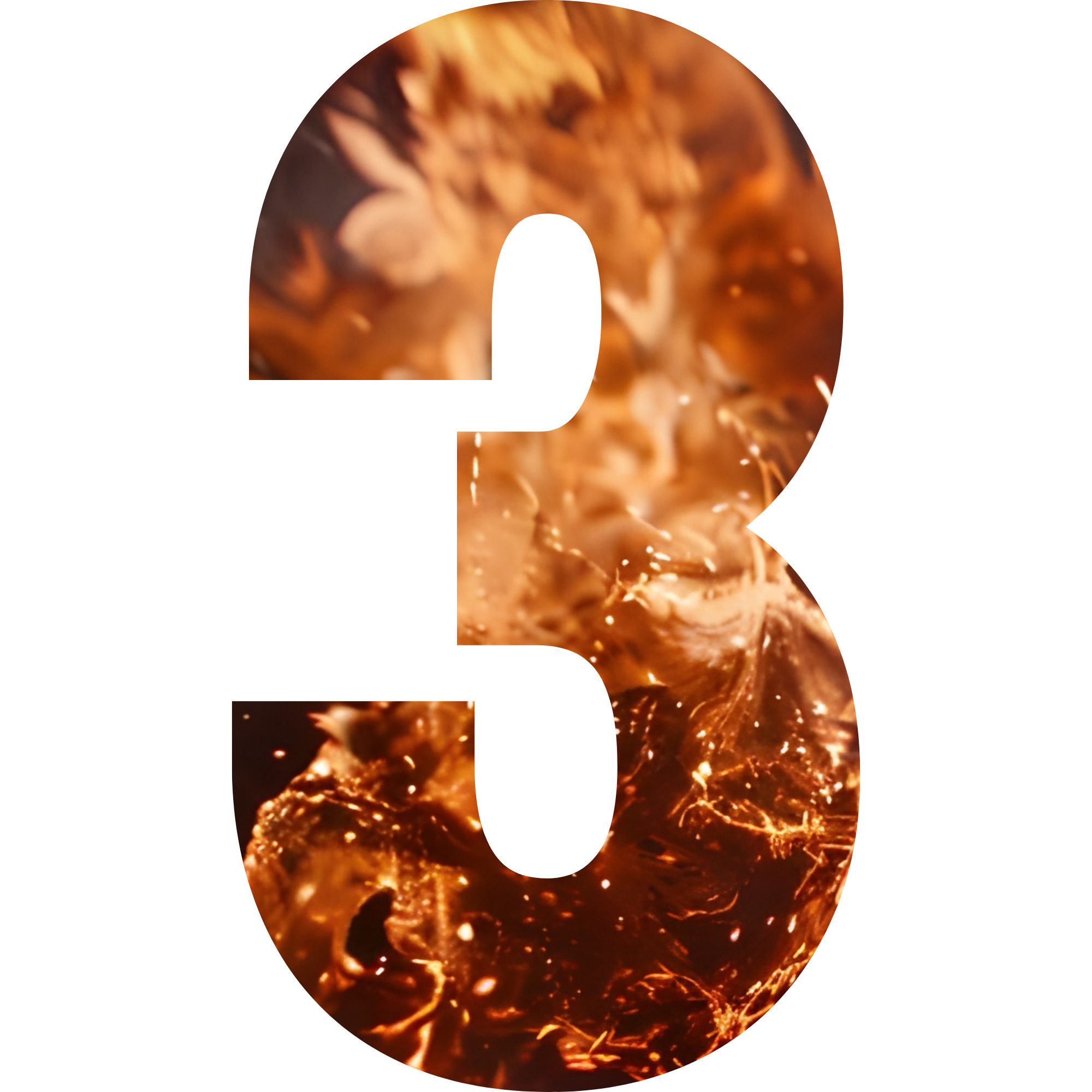 The number "3" with a textured background of brown and orange flames.