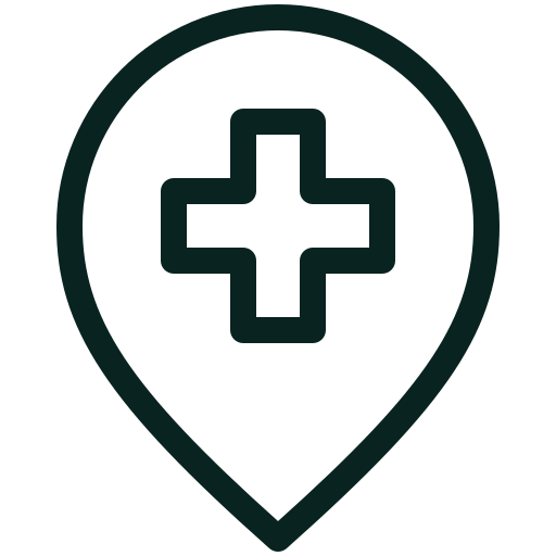 Medical cross symbol inside a location marker icon.