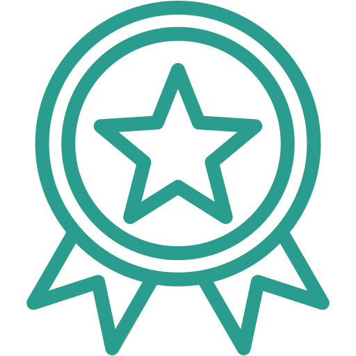 Line drawing of a ribbon award with a star in the center and two ribbons hanging below.