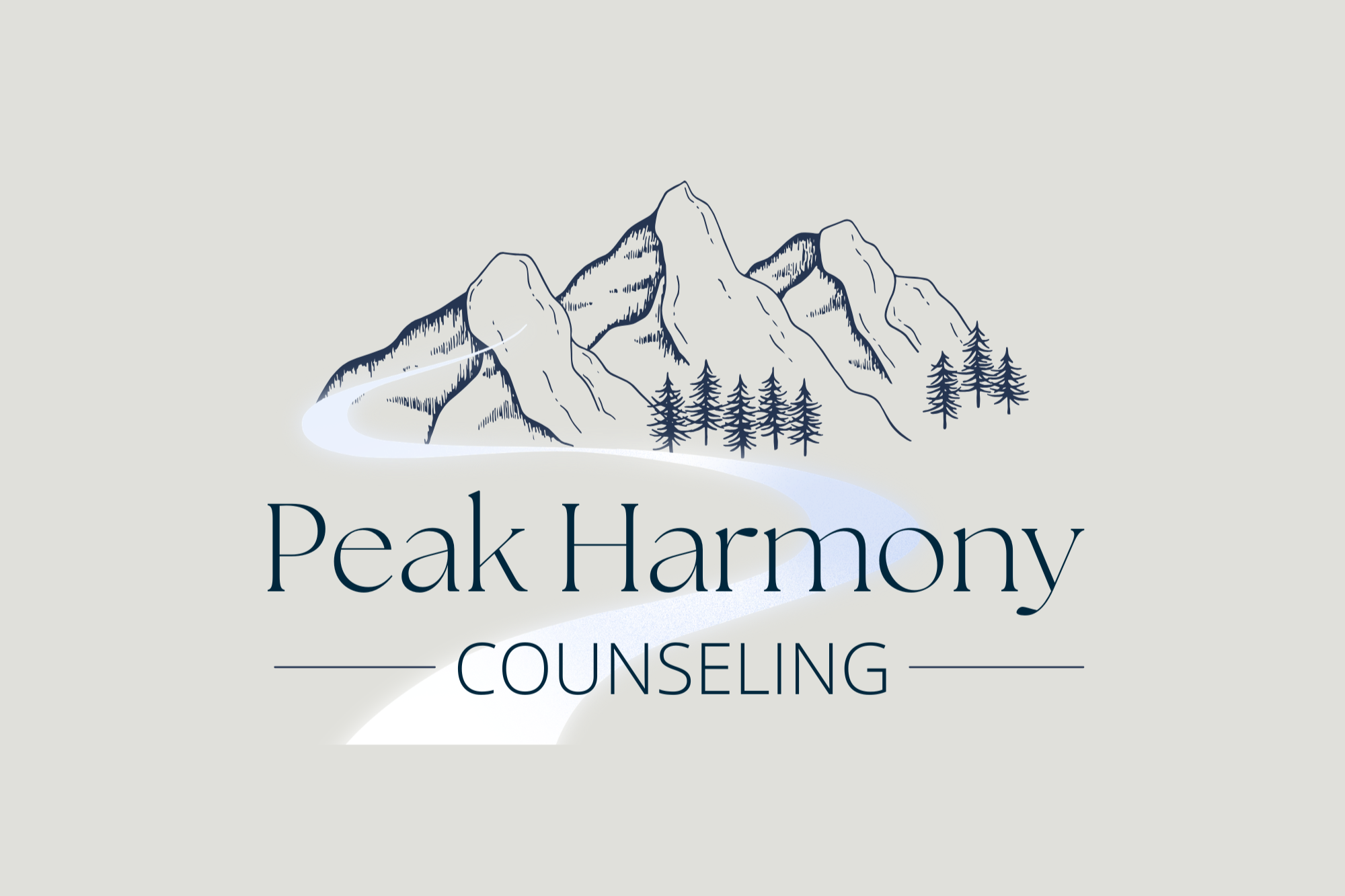 Illustration of a mountain range with pine trees and a winding river, and text reading 'Peak Harmony Counseling'.
