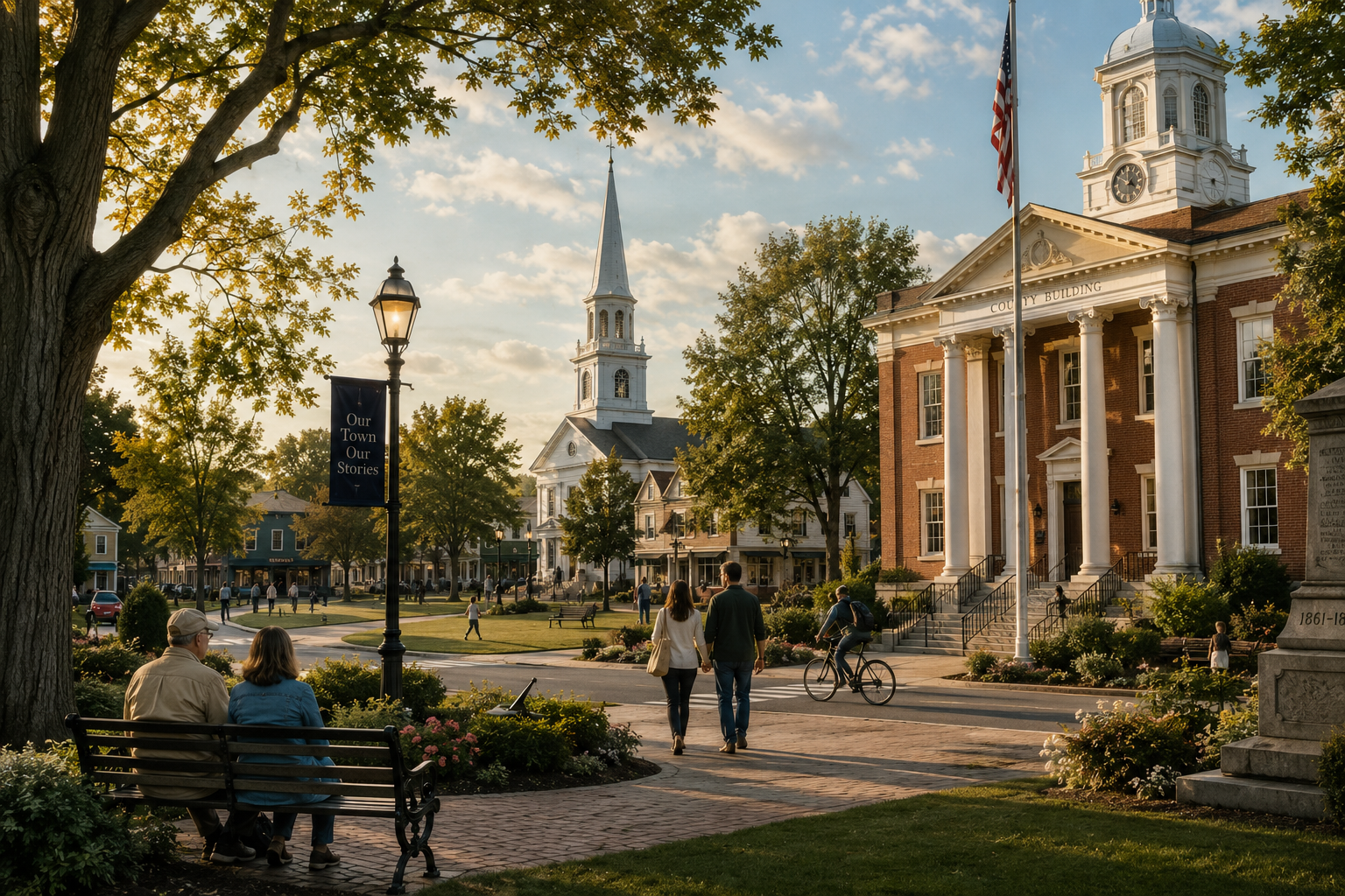A warm public square with a courthouse, church steeple, town green, benches, trees, and people walking through the center of town.