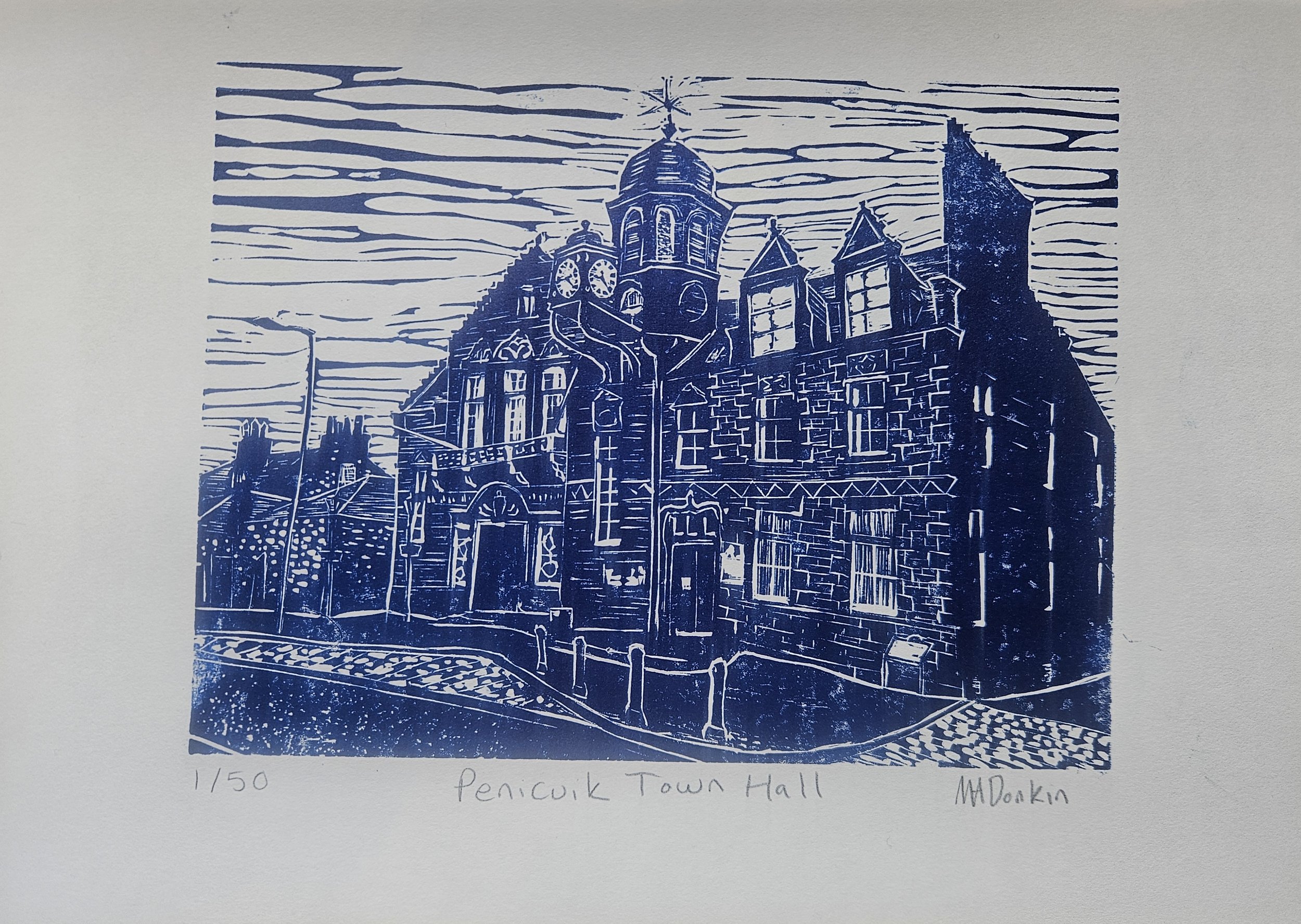 Penicuik Town Hall, original linocut print