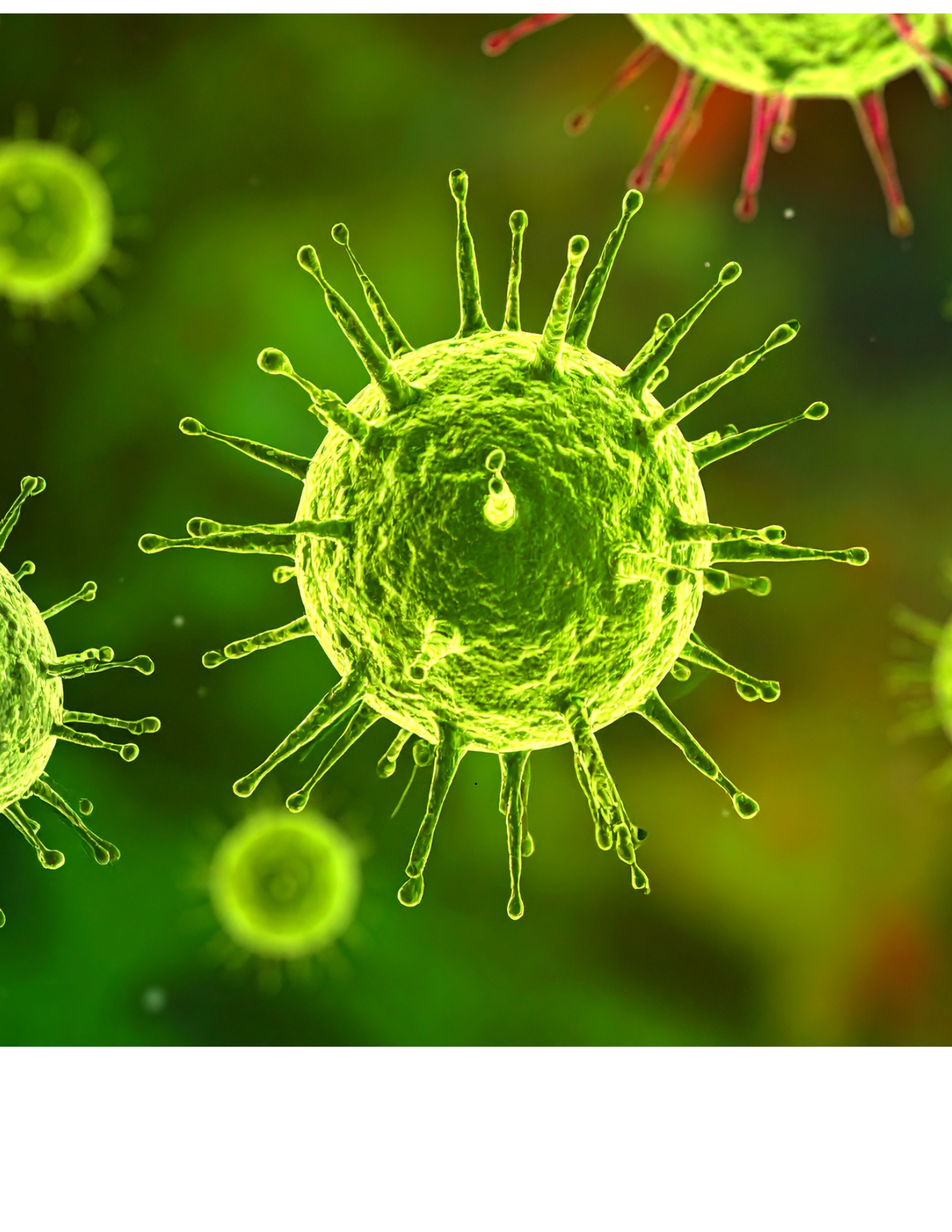 Digitally rendered close-up of a virus or bacteria, bright green, with spike-like structures on its surface, against a blurred green background.