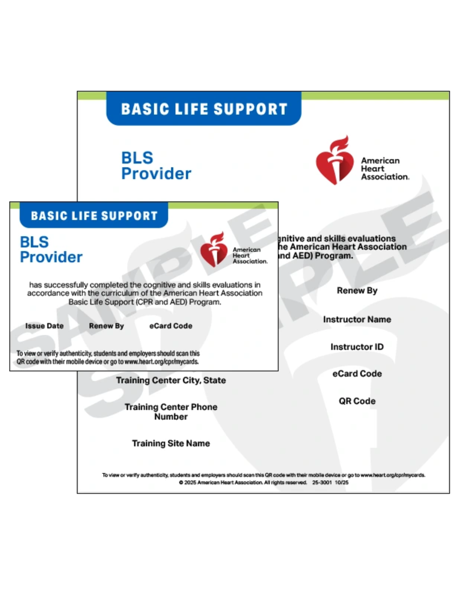 A digital card for Basic Life Support (BLS) certification from the American Heart Association, showing the organization's logo, personal details, and QR code.