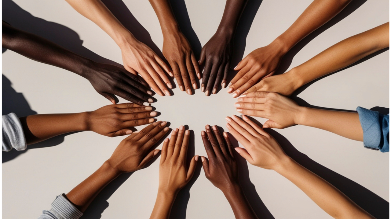 Multiple hands of various skin tones positioned in a circle.