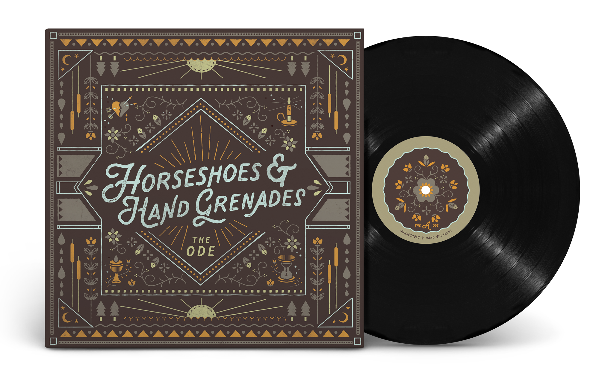 Vinyl record for "The Ode" by Horseshoes & Hand Grenades featuring intricate, colorful, folk-art style illustrations and symbols.