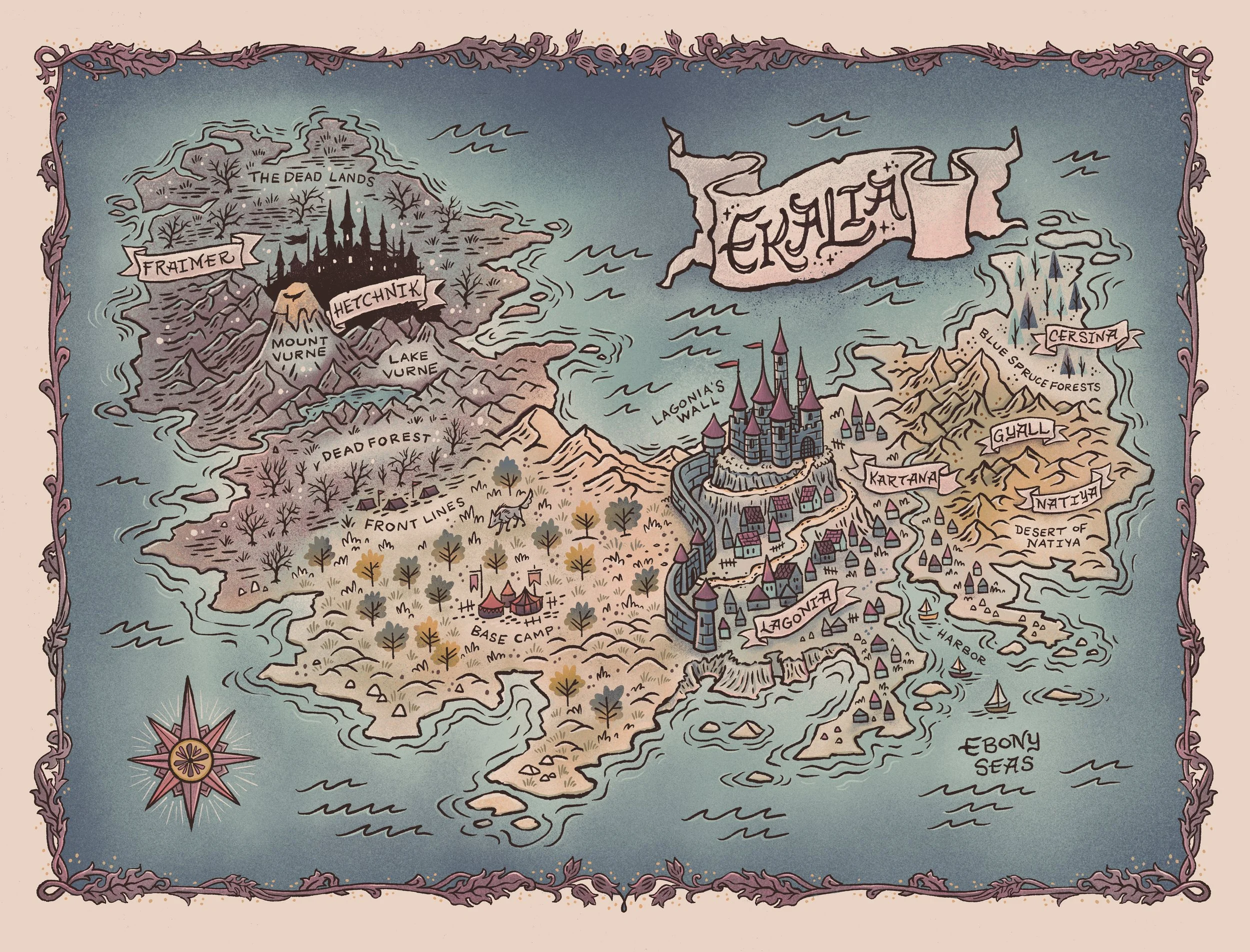 A fantasy illustrated map featuring different regions. The map is bordered with a decorative purple border and includes a compass rose at the bottom left corner.
