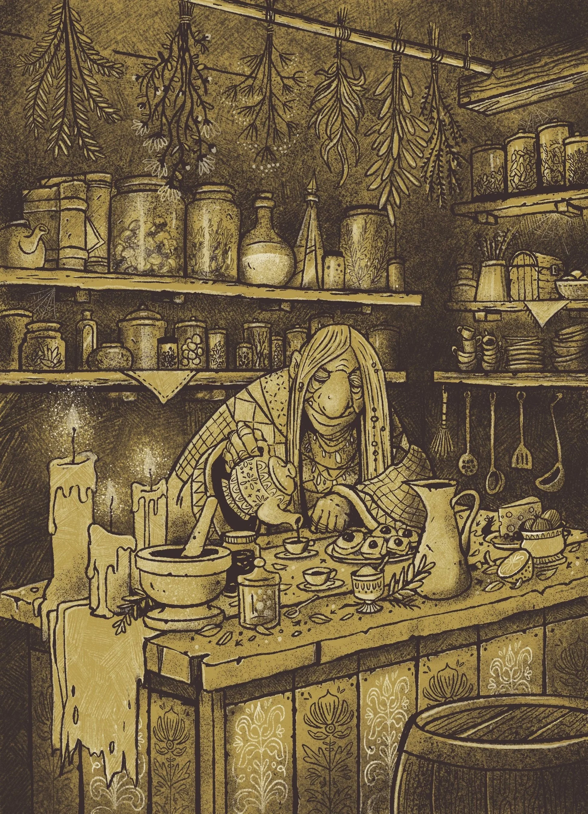 A witch with long hair is sitting at a decorated table covered with plates, cups, and desserts. Candles are lit on the table, and there are herbs hanging from the ceiling, as well as jars and various kitchen items on shelves behind them. 
