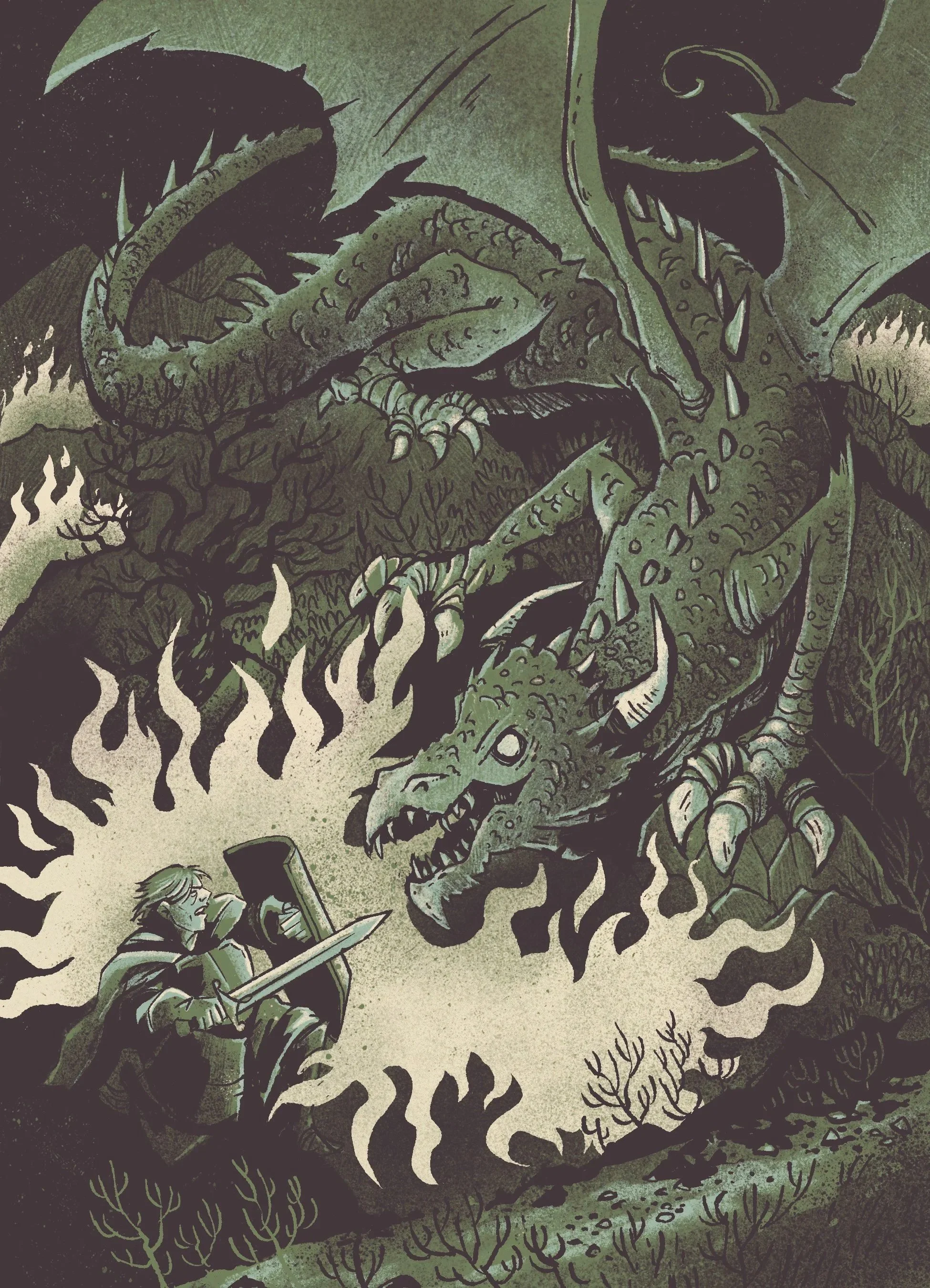 A  knight with a sword faces a large, green, and scaly dragon with sharp teeth, claws, and horns. The scene is set in a dark, ghostly landscape with leafless trees and fog, depicting a fantasy battle.