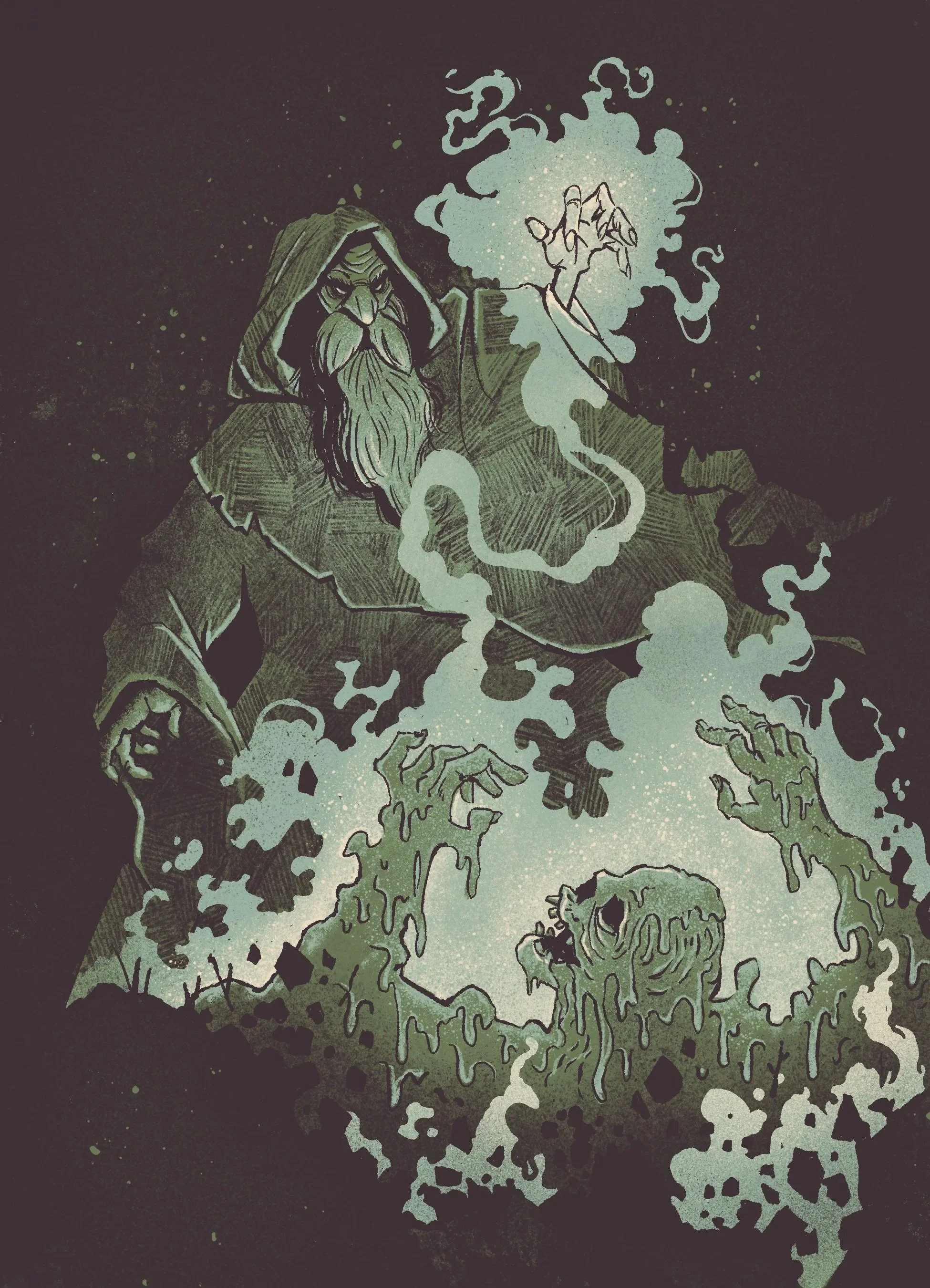 An illustration of a wizard with a long beard and cloak, his hand emitting magical smoke, as he breathes life into a grotesque homunculus. 
