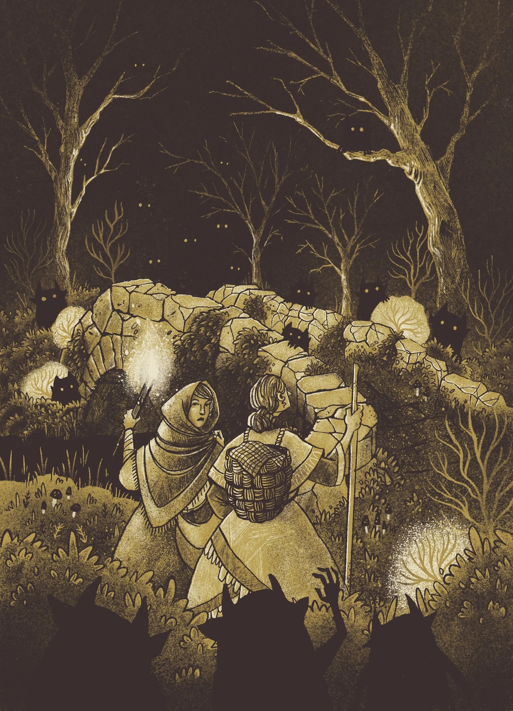Nighttime scene of three women sitting by a campfire in a wooded area, with several black cats and glowing eyes among leafless trees in the background.