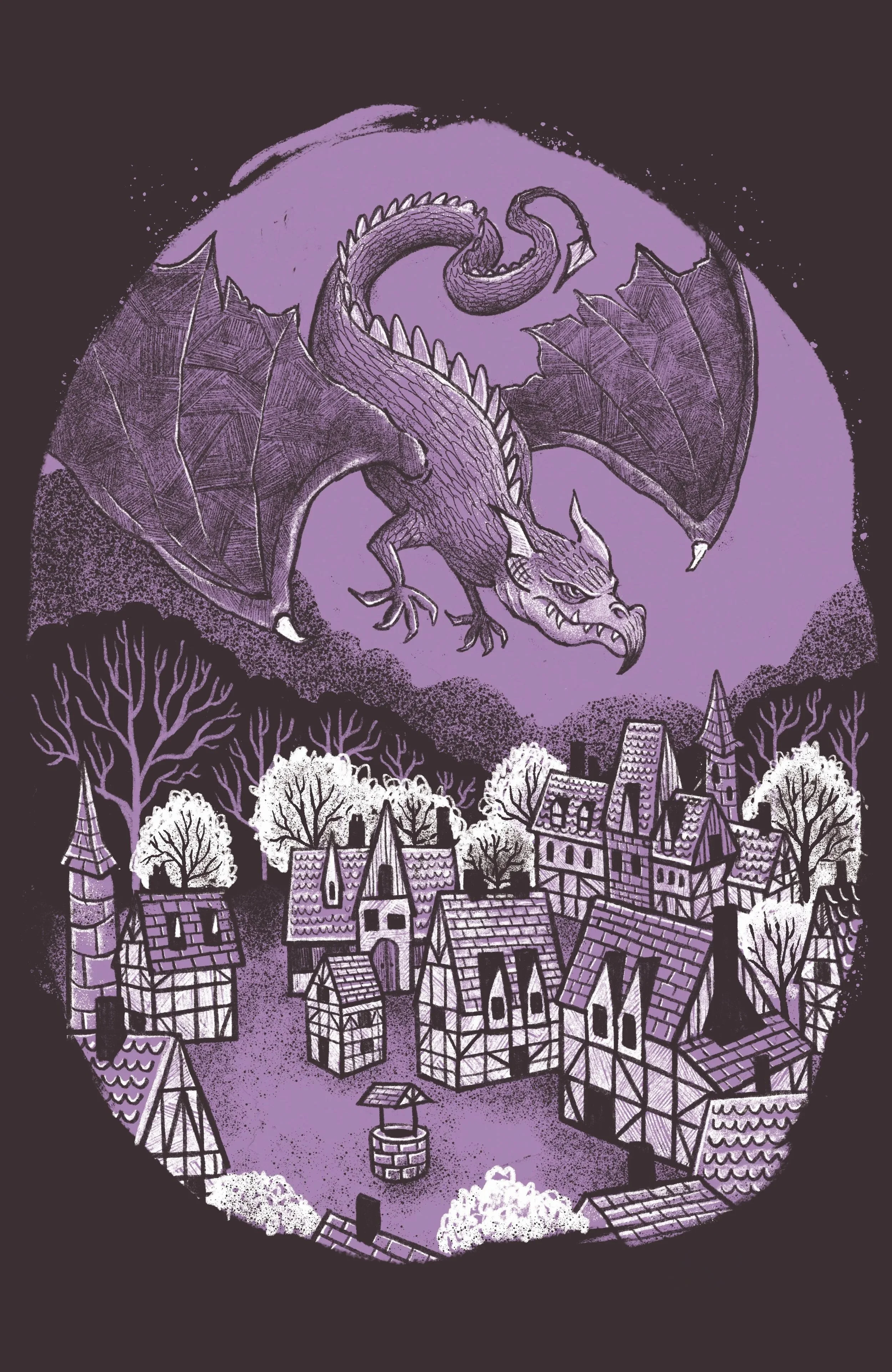 An illustration of a town with medieval-style buildings, trees, a well, and a large dragon flying above in a purple and black color scheme.