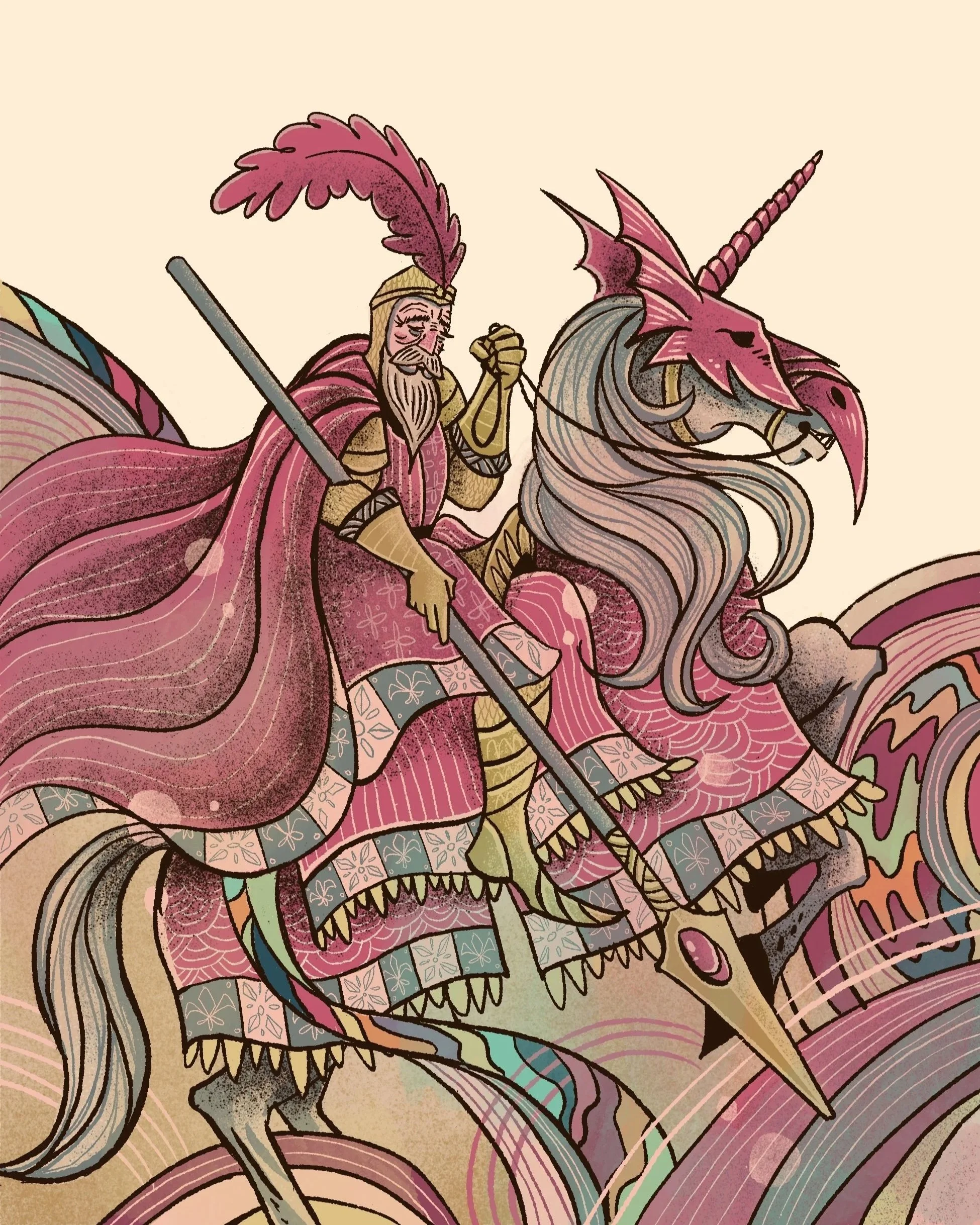 A fantasy illustration of an aged knight riding a majestic horse, outfitted with multicolored regalia set against a subtle beige background.