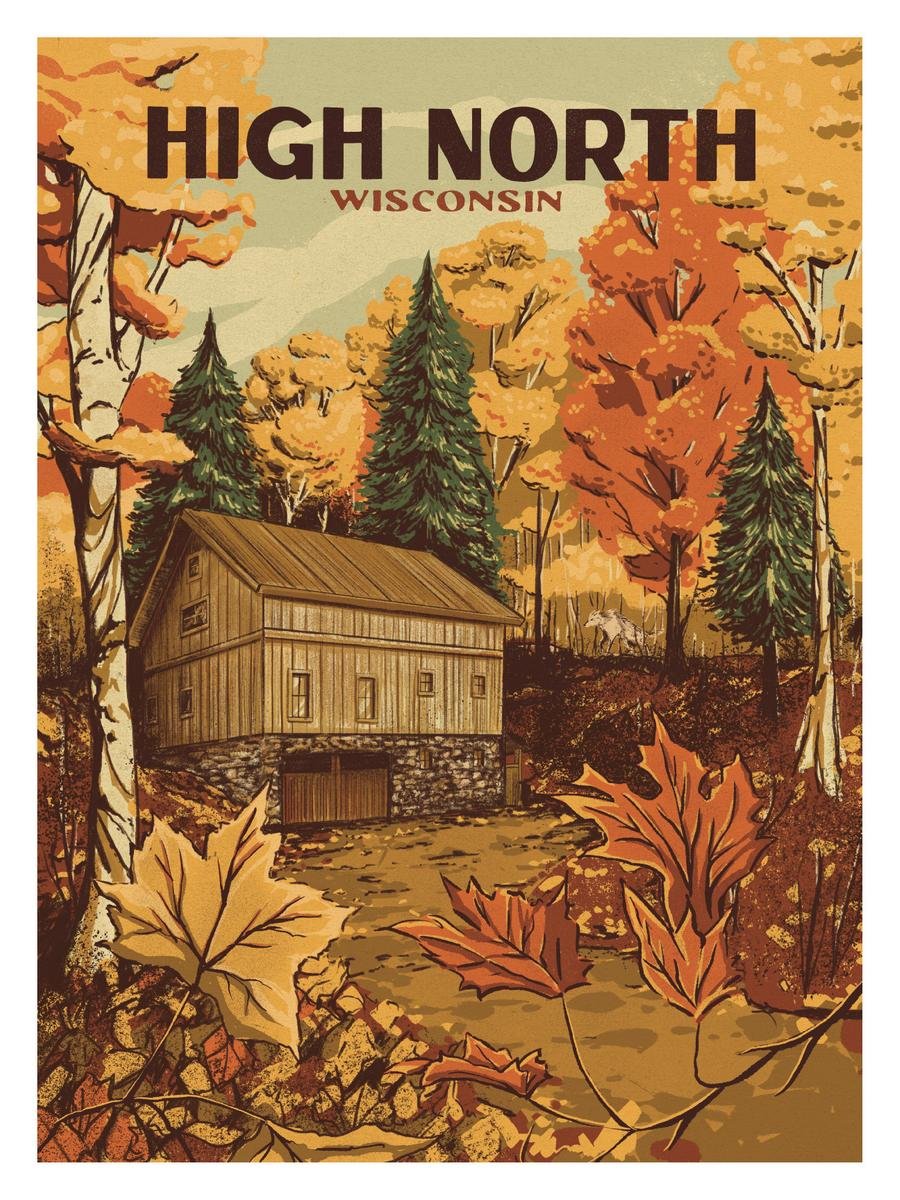 An illustrated autumn scene in High North, Wisconsin, featuring a wooden house surrounded by colorful fall foliage, evergreen trees, and a distant white wolf.
