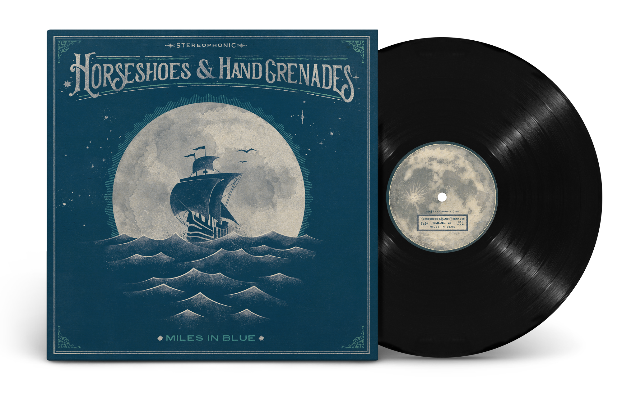 Album cover titled "Miles in Blue" featuring an illustration of a sailing ship on ocean waves, with a large moon and stars in the background, and a vinyl record next to the cover.