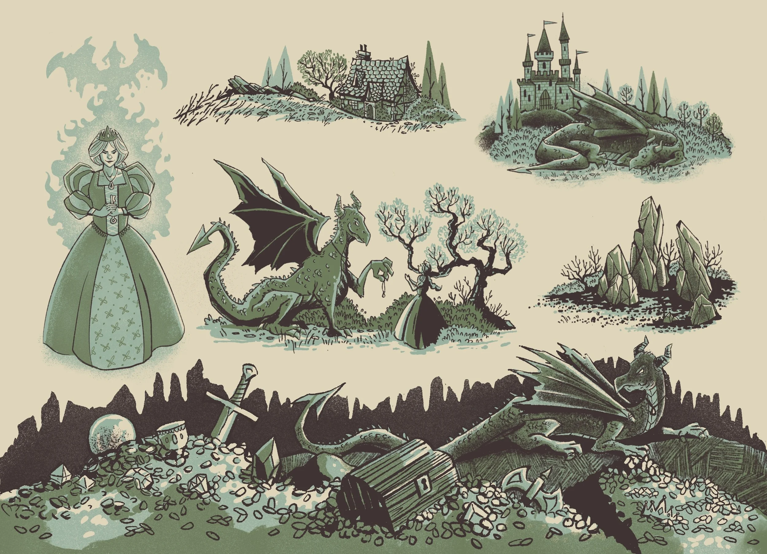 A collection of fantasy illustrated vignettes featuring wilderness, dragons and princesses. 
