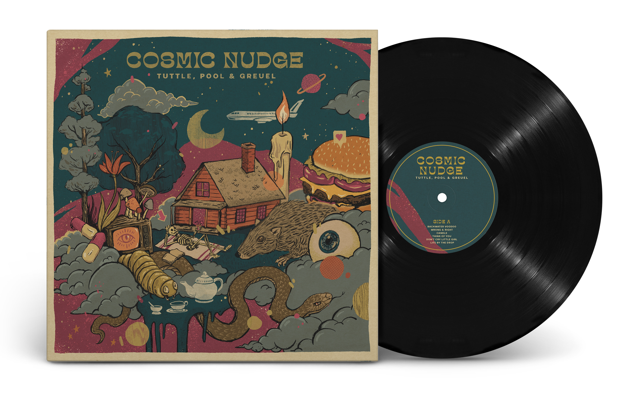 Vinyl record titled "Cosmic Nudge" with album cover art featuring a surreal cosmic landscape with animals, house, and abstract shapes.