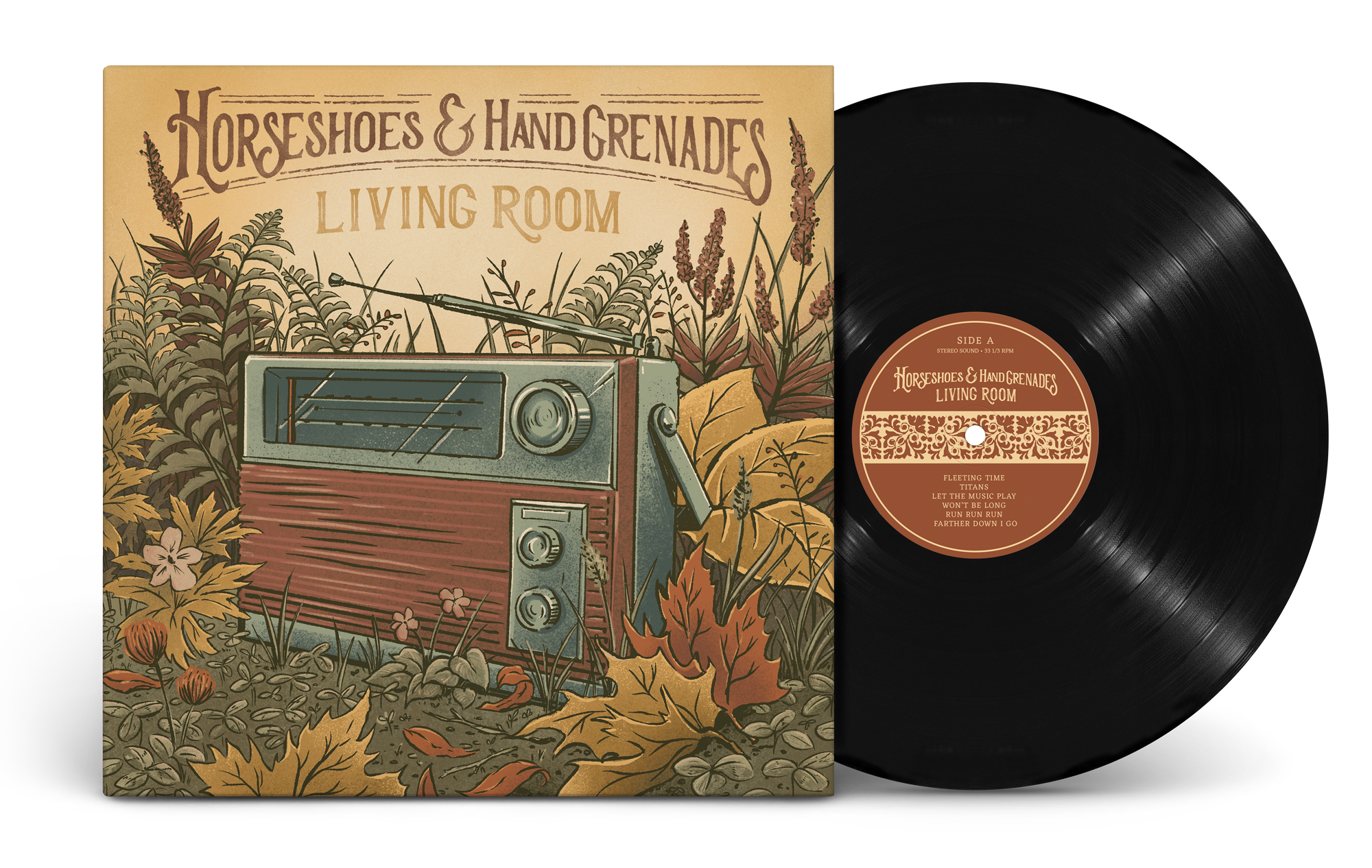 Vinyl record titled 'Horseshoes & Hand Grenades Living Room' with a vintage-style illustration of an old radio surrounded by autumn leaves and plants.