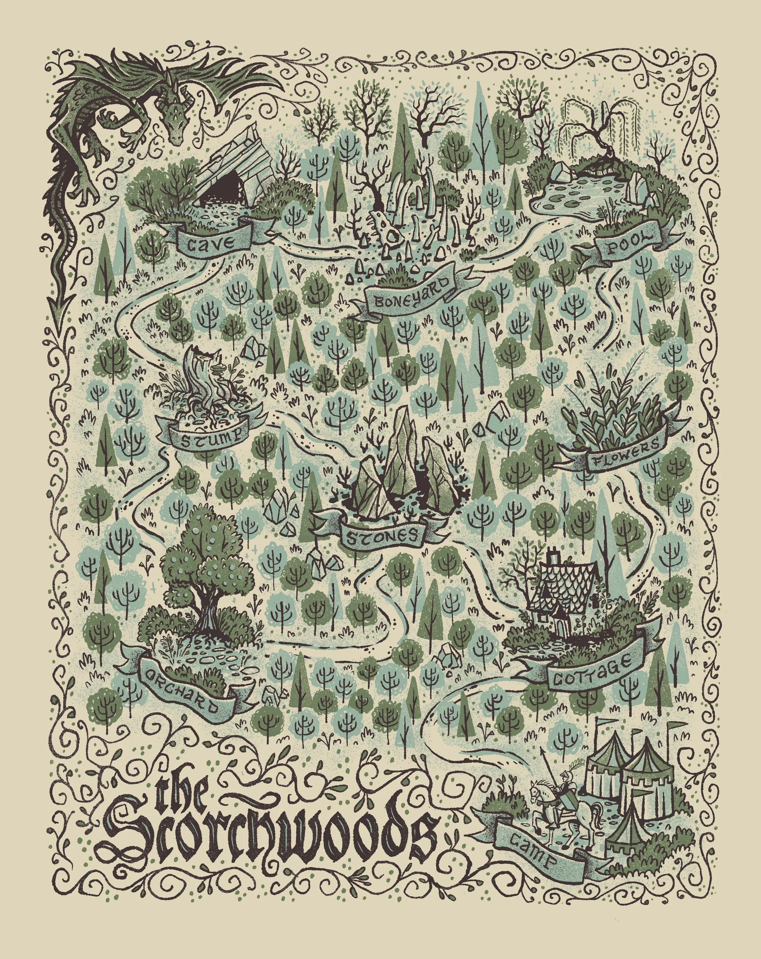 A detailed illustrated map featuring a dragon, cave, stump, bones, flowers, and a castle. It includes labeled sections such as 'Cave,' 'Boneyard,' 'Stump,' 'Flowers,' 'Orchard,' 'Camp,' and 'Castle,' all interconnected with winding paths.