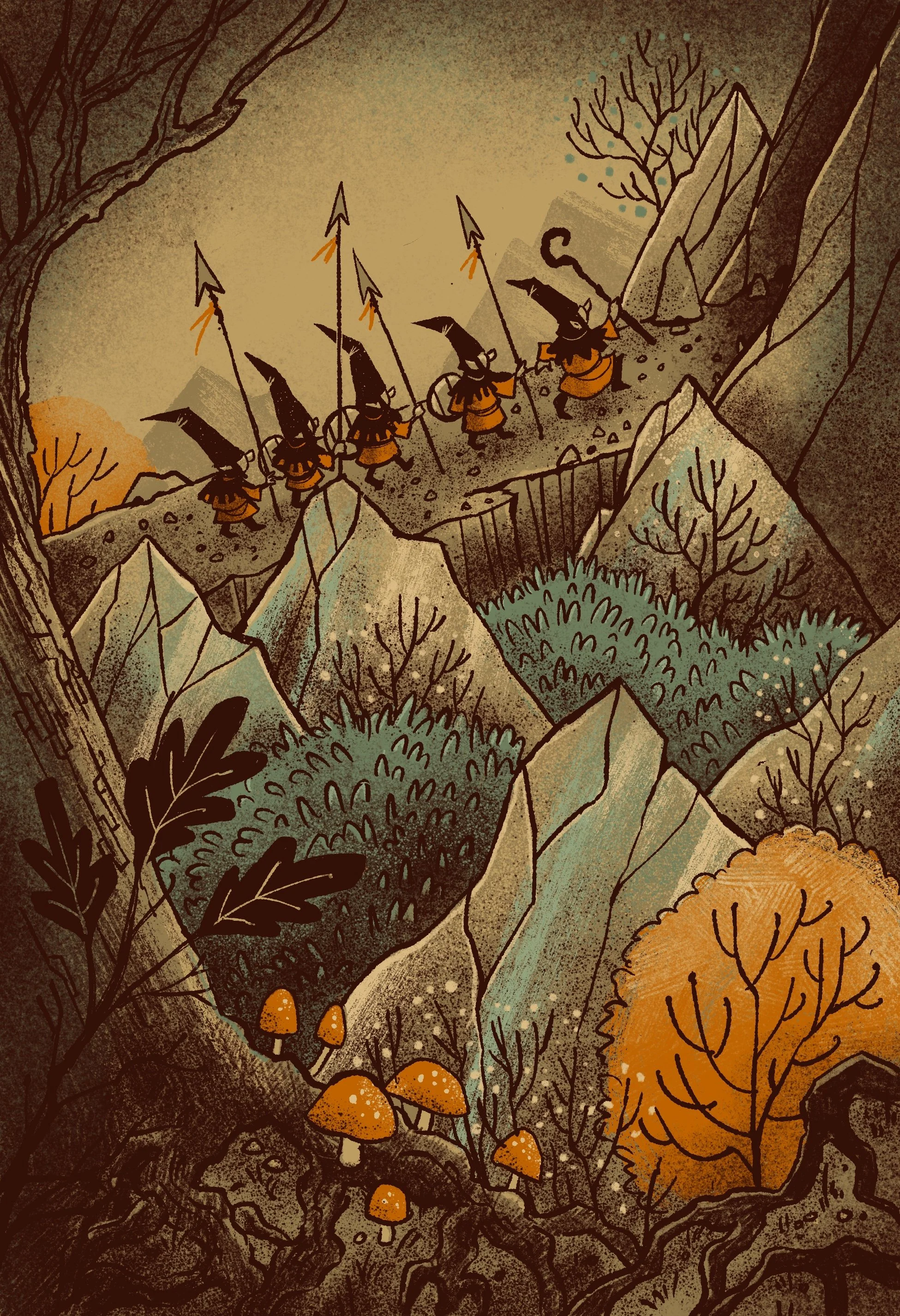 Illustration of a forest scene with five goblins walking in a line on a rocky path, holding spears. The scene includes leafless trees, mushrooms, bushes, and mountains in the background, rendered in earthy tones with a textured style.