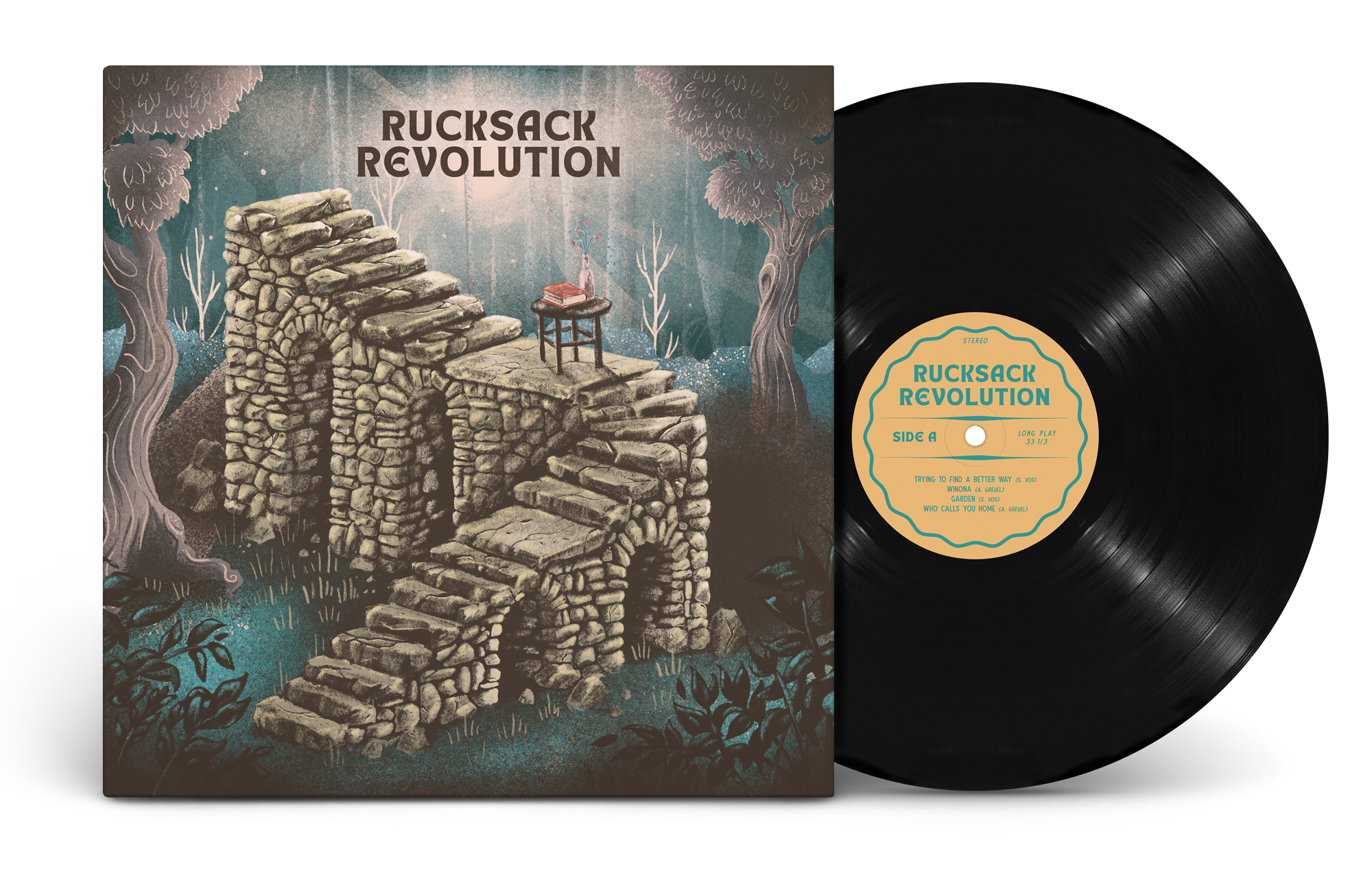 A vinyl record and album cover titled "Rucksack Revolution" featuring an illustration of an old stone staircase and a table with a book and a vase with flowers, set amidst trees and foliage.