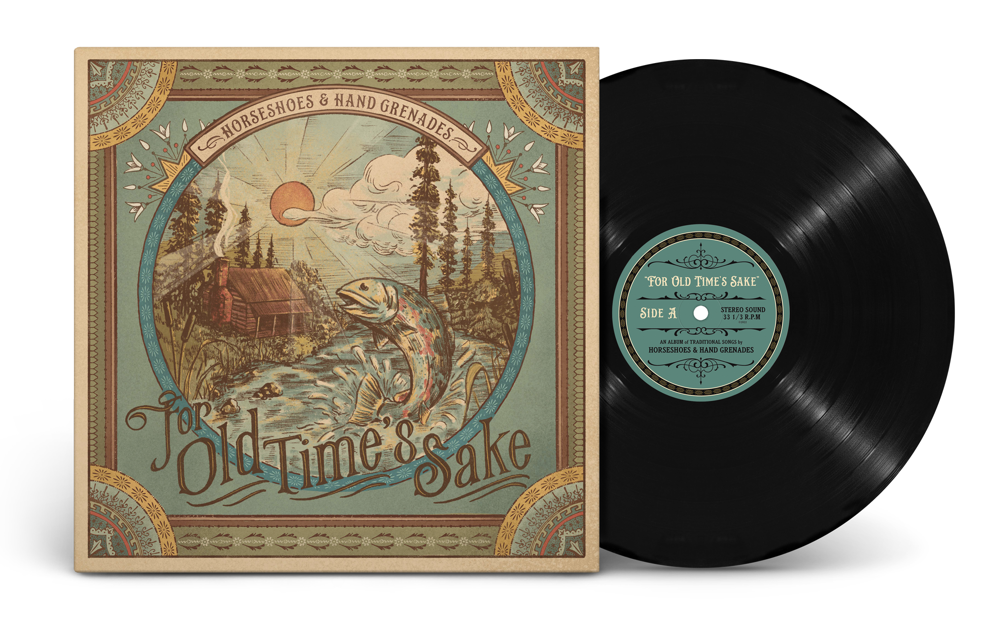 Vintage vinyl record titled 'For Old Times' Sake' with album cover artwork showing a rustic cabin, a fish jumping out of the water, and a setting sun, with the text 'Horseshoes & Hand Grenades'