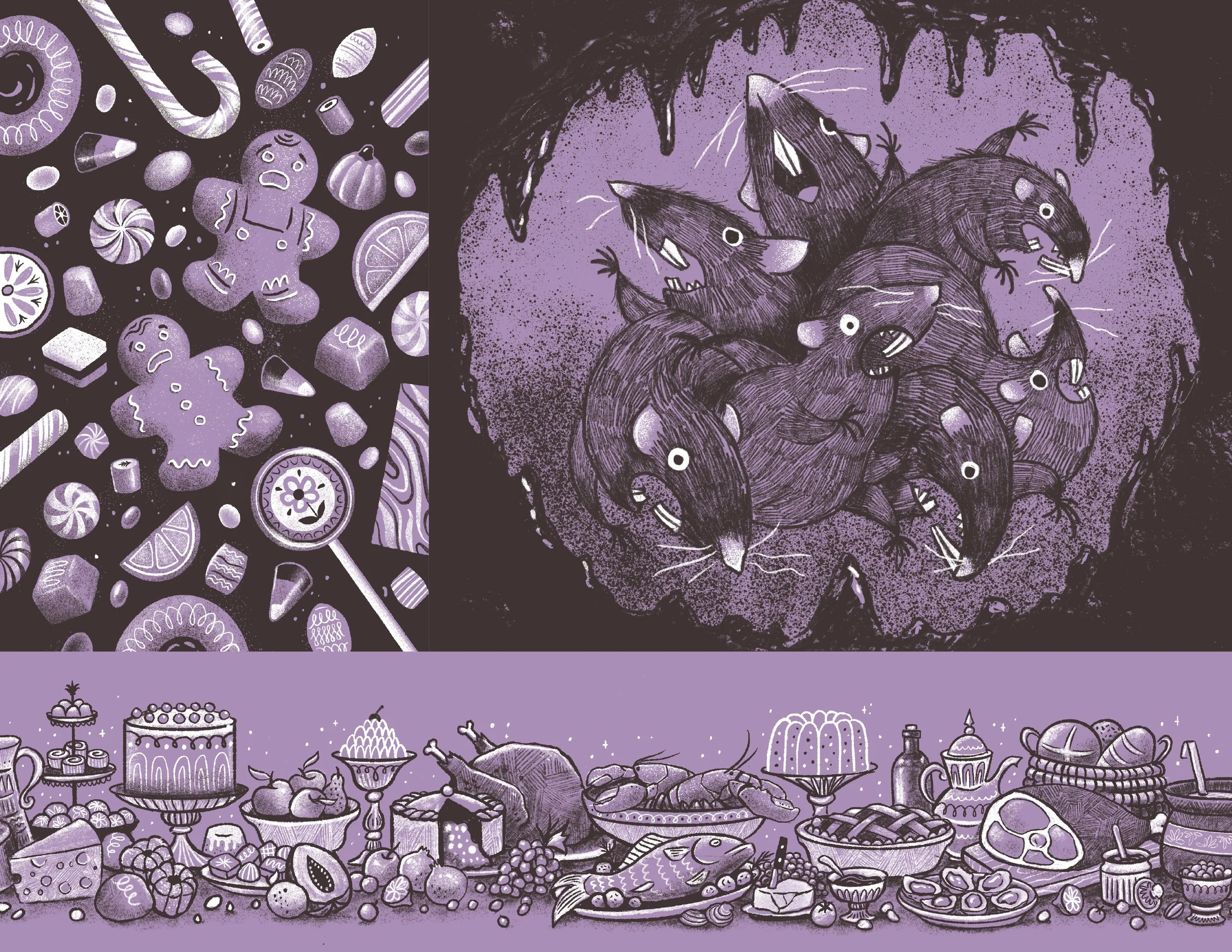 A black and purple illustration of a Halloween-themed table filled with desserts, candy, and decorations, with a spooky cavern with rat-like creatures in the background.