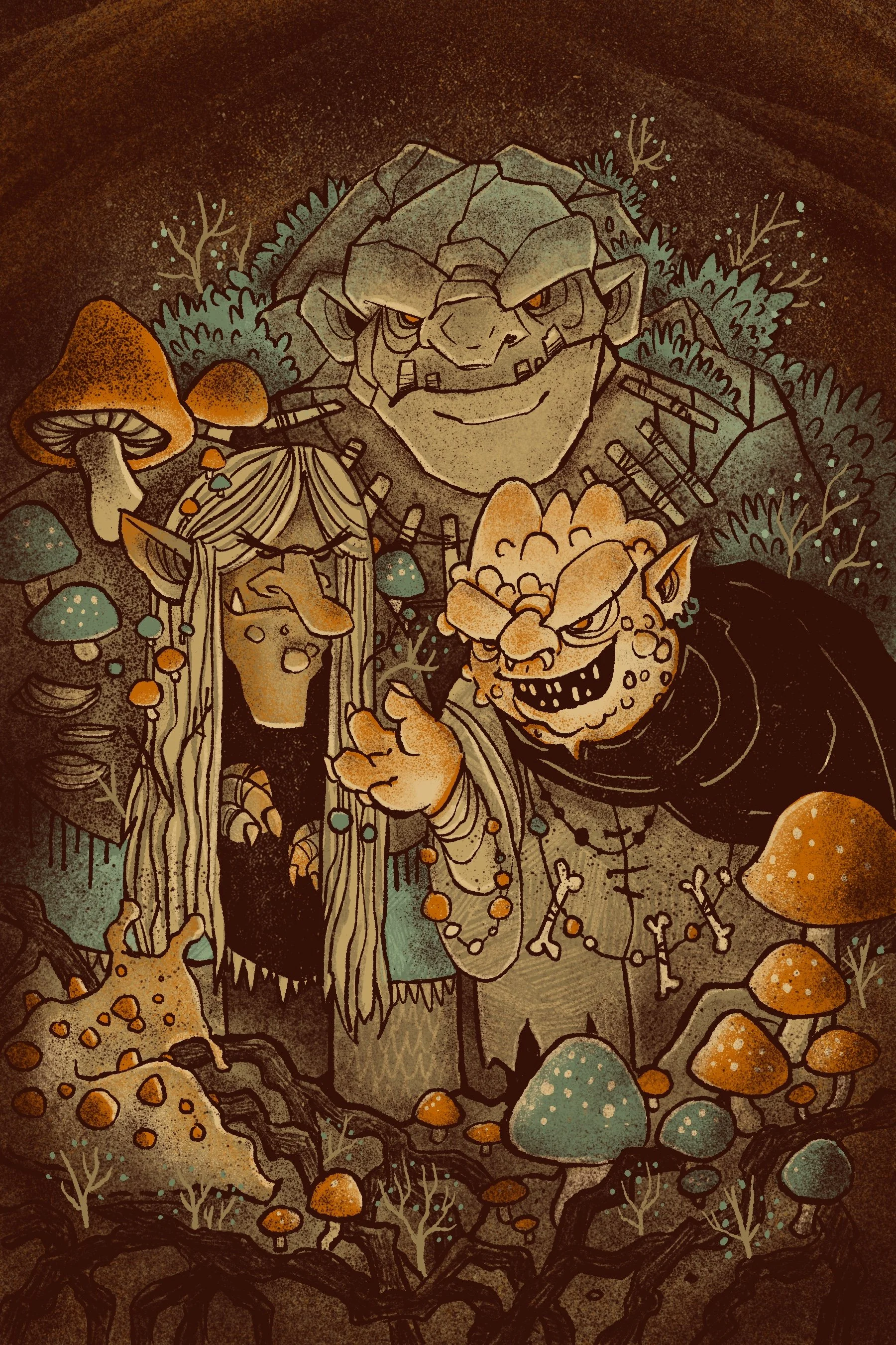 An illustration features a trio of large trolls, surrounded by mushrooms, roots and rocks in a dense forest, with a dark, earthy background.