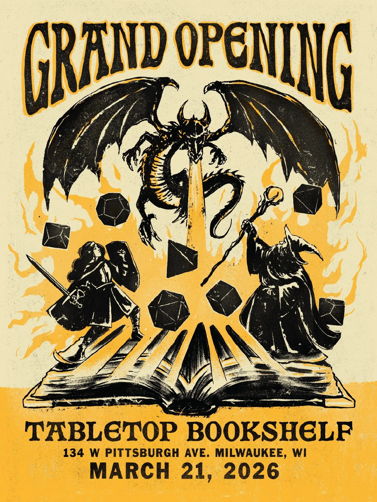 A promotional poster for the grand opening of a tabletop bookshelf event at 134 W Pittsburgh Ave, Milwaukee, WI, on March 21, 2026. The design features a dragon emerging from an open book, with human and wizard figures holding weapons, surrounded by 
