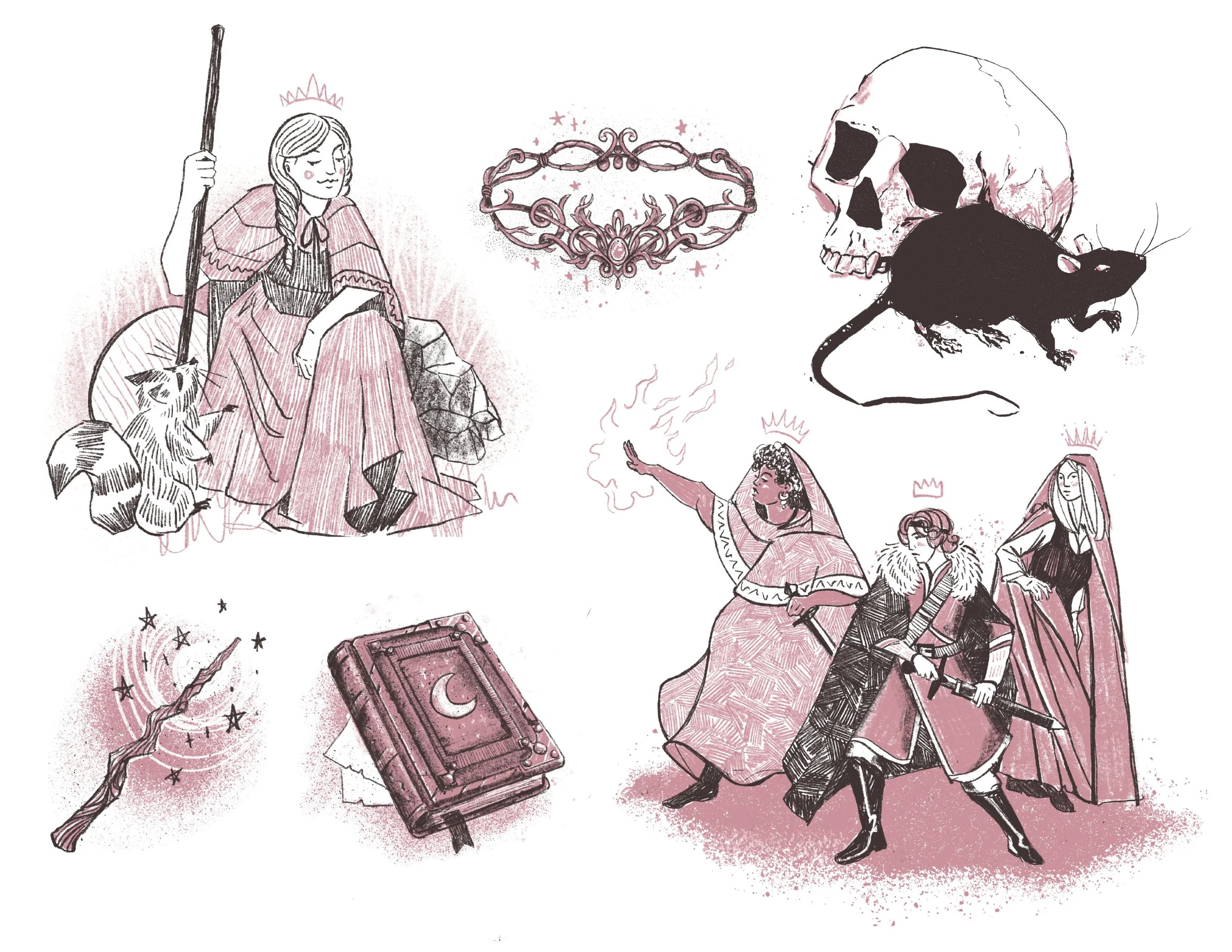A number of fairy tale illustrated vignettes including a trio of adventuring princesses and various magical items. 
