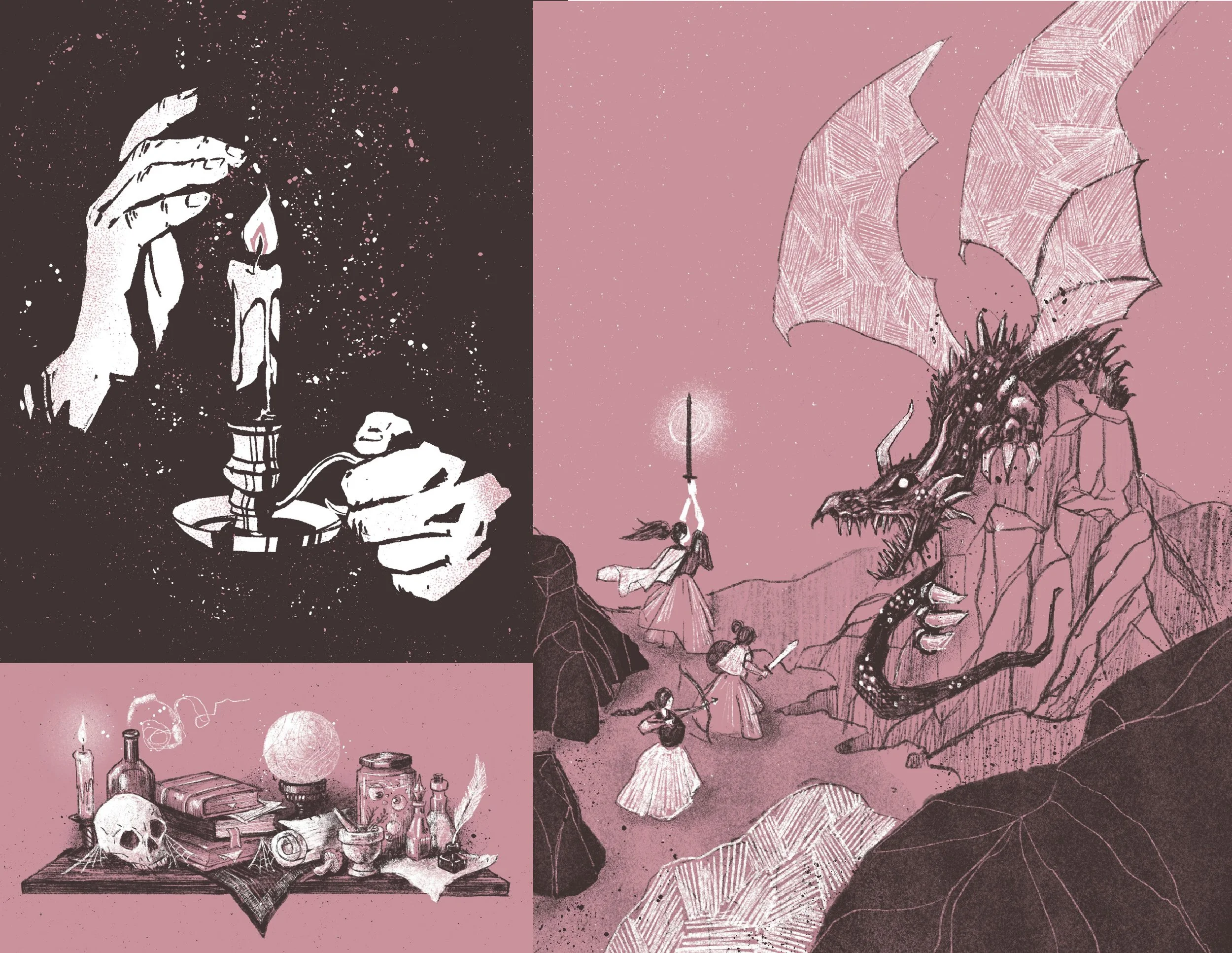 A collage of dark and light pink illustrations featuring mystical and fantasy elements, including a hand holding a candle, a group of princesses facing a dragon, and a table filled with witchy magic items. 