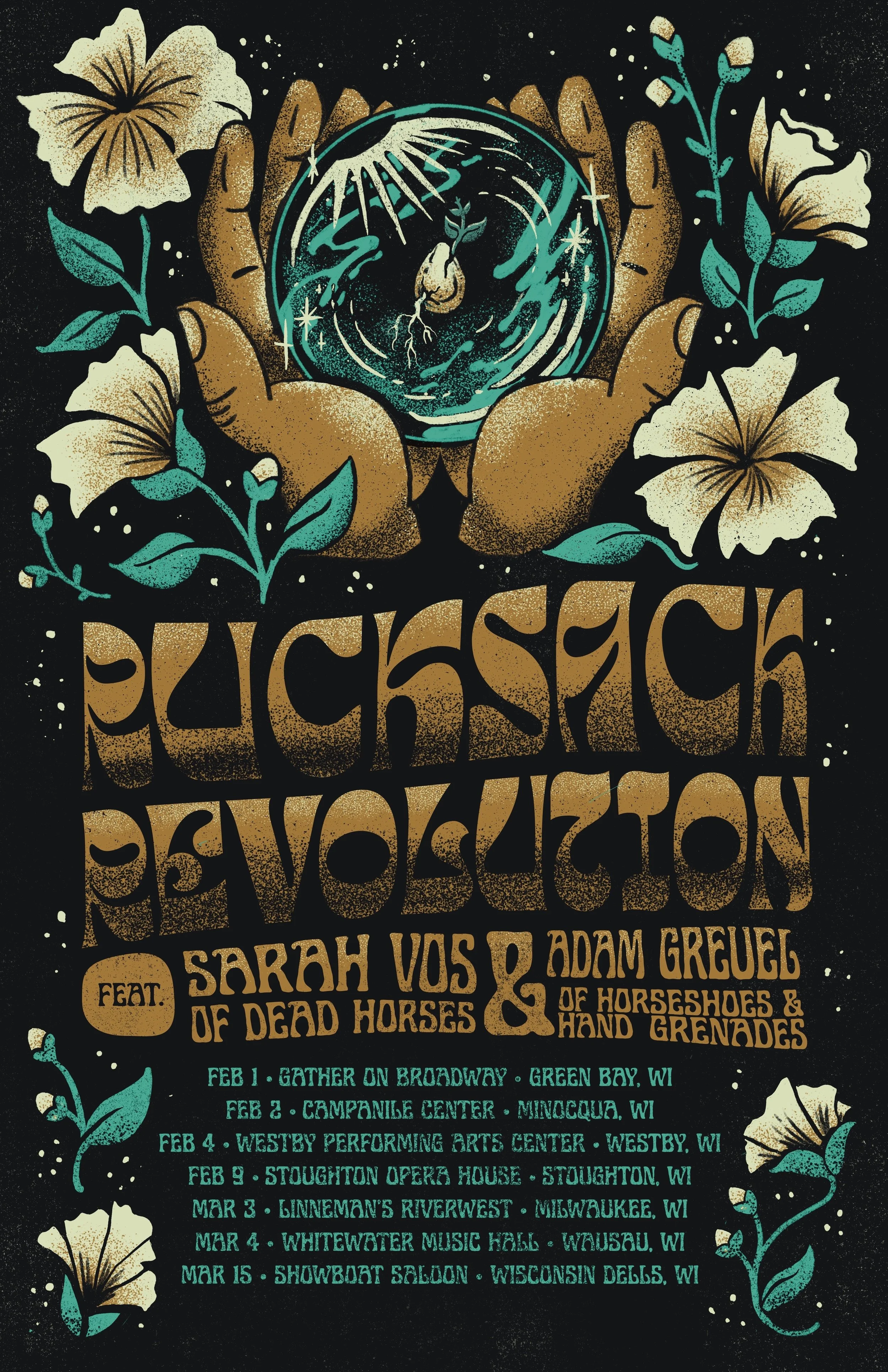 Event poster for a Rucksack Revolution performance featuring a large pair of hands holding a glass with a small plant growing inside it, surrounded by flowers and leaves. 