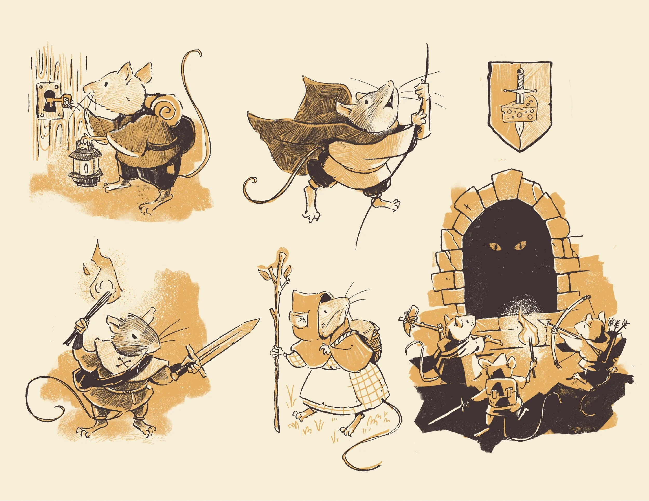 Sketchy illustrated vignettes of adventuring mice including scenes of mice swinging from ropes, holding torches and opening locked doors. 