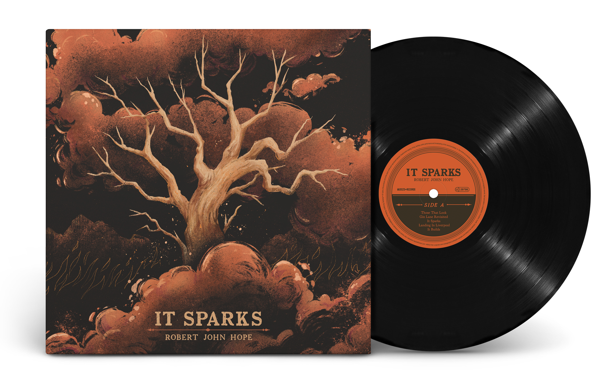 An album cover featuring a painting of a leafless tree with twisting branches amidst dark clouds and orange puff-like shapes, with a black vinyl record partially visible, and a label reading "IT SPARKS" and "ROBERT JOHN HOPE".