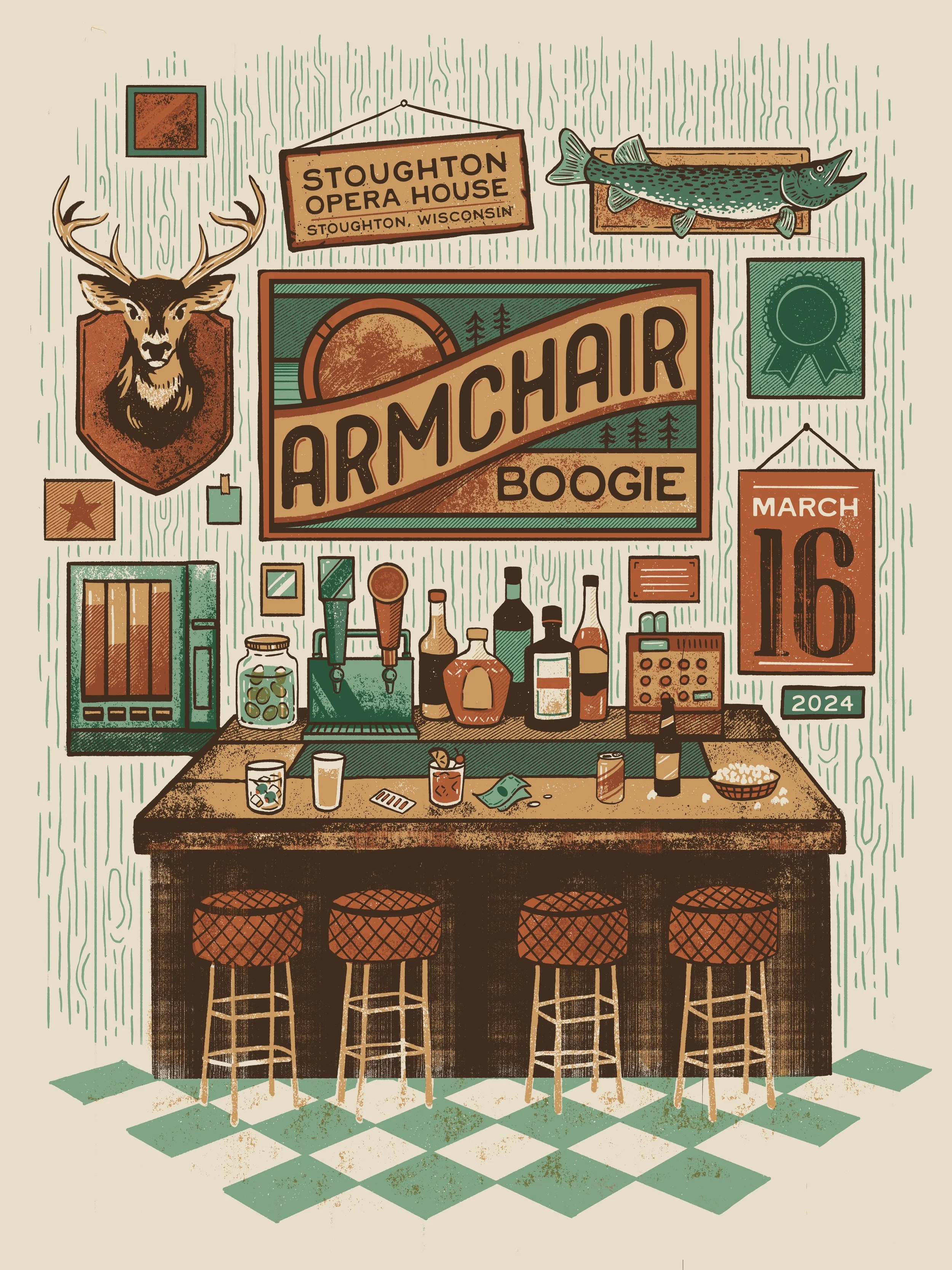 Illustration of a bar with a wooden countertop and four bar stools with woven seats. The background has a green and white checkered floor and wallpaper with vertical green stripes. Behind the bar are various bottles, a jar of pickles, a blender, a ca