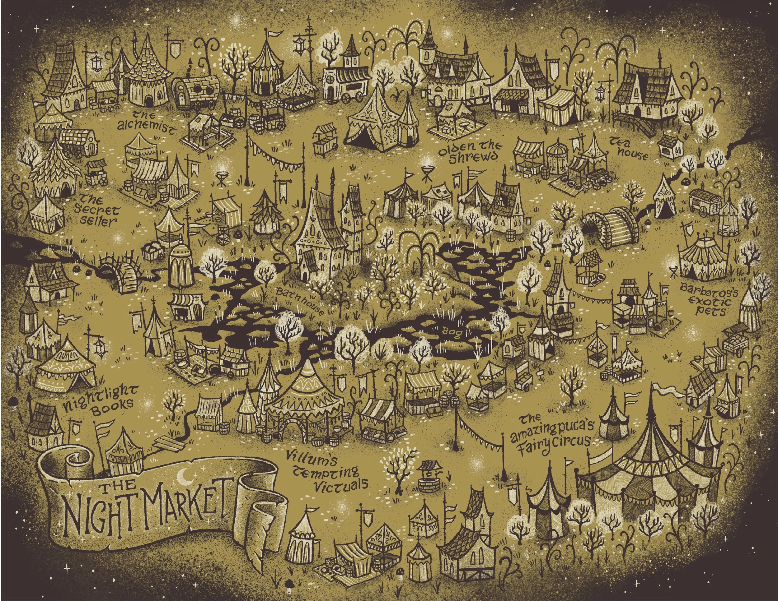 A whimsical illustrated map of The Night Market with various themed tents, buildings, with a moon and stars in the background.