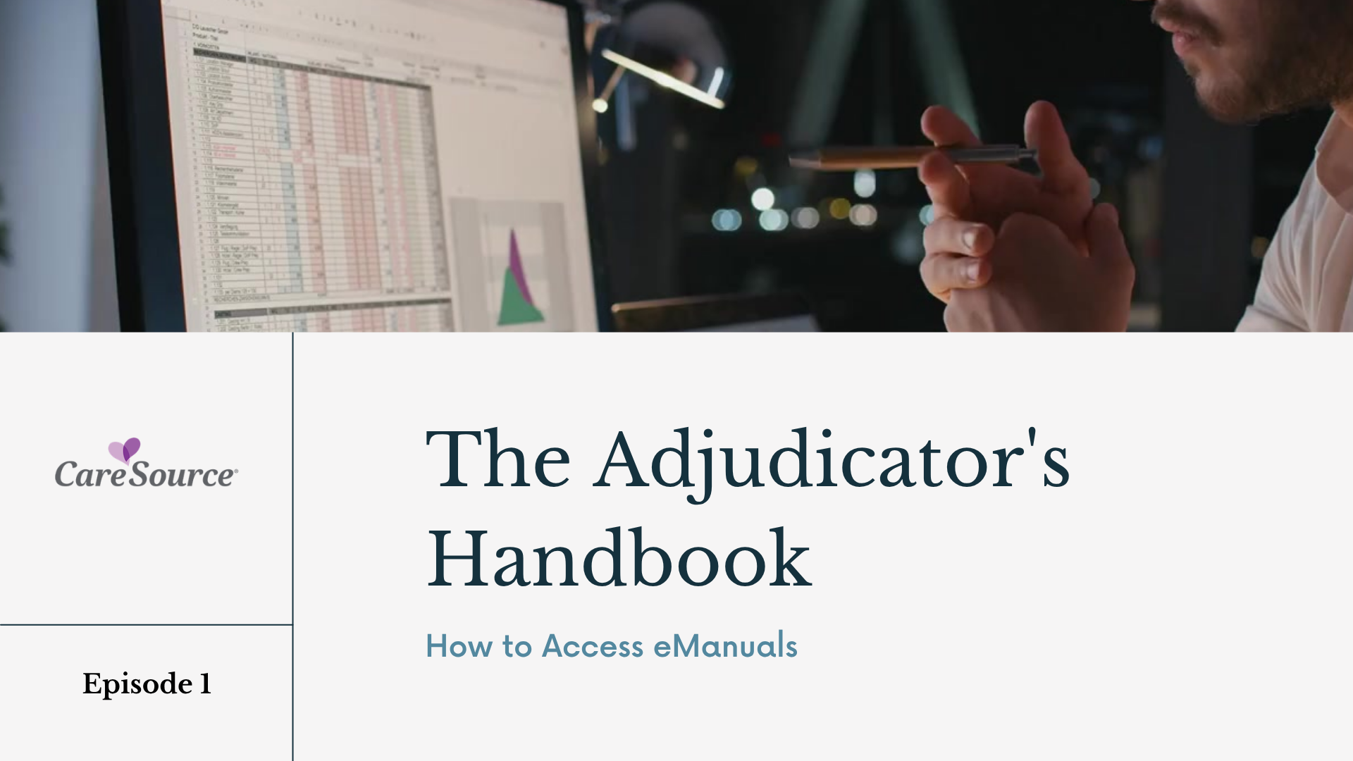 Cover page of the CareSource The Adjudicator's Handbook, showing a man at a computer with spreadsheets on the screen.