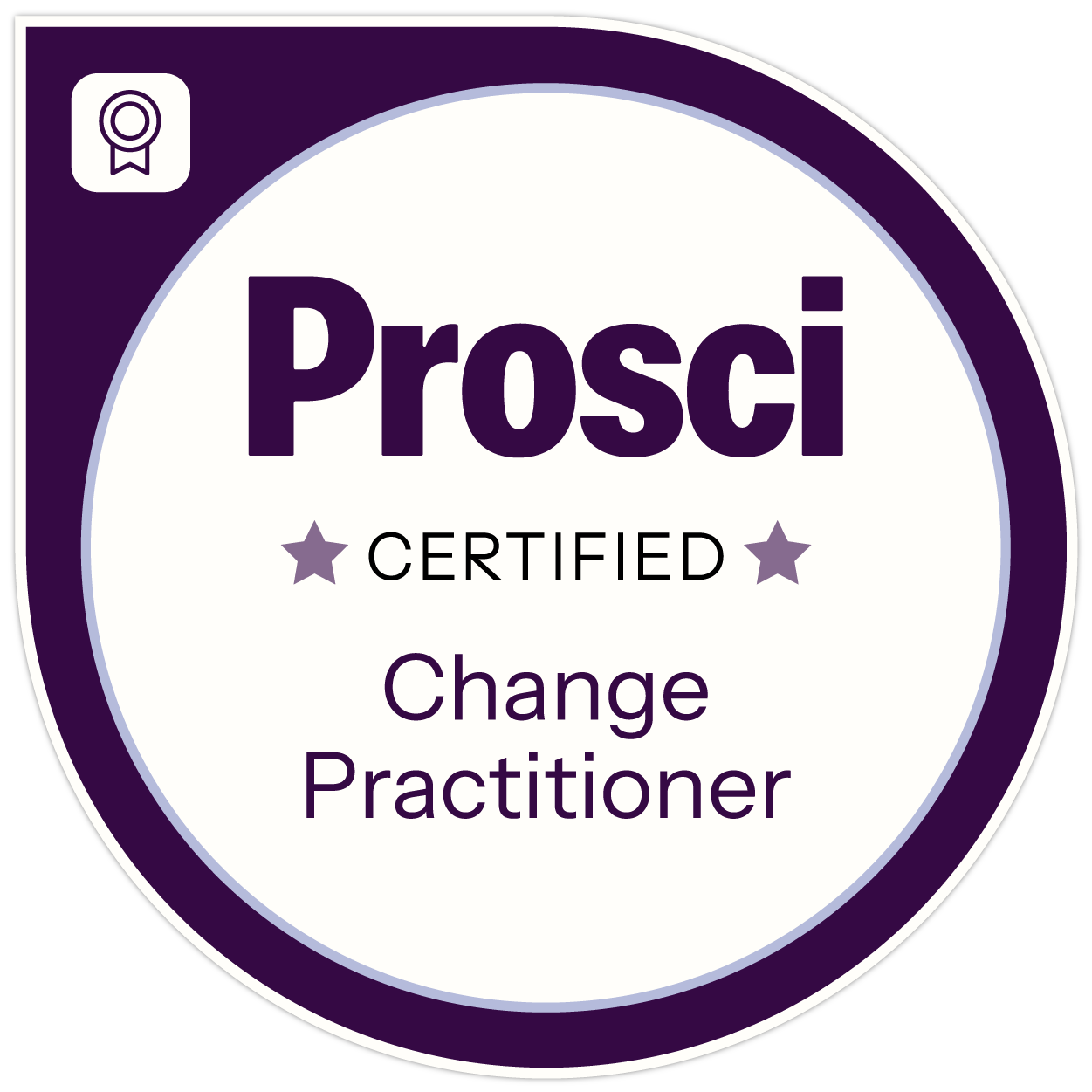 A circular badge with a purple border and white center that reads "Prosci Certified Change Practitioner."