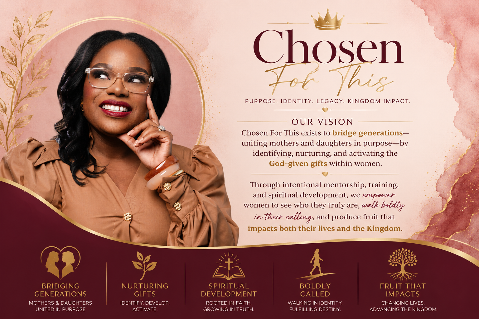 A woman with glasses and dark hair smiling, with a pink and gold background. Text about a mission to nurture and empower women, with icons representing bridging generations, nurturing gifts, spiritual growth, boldness, and impact.