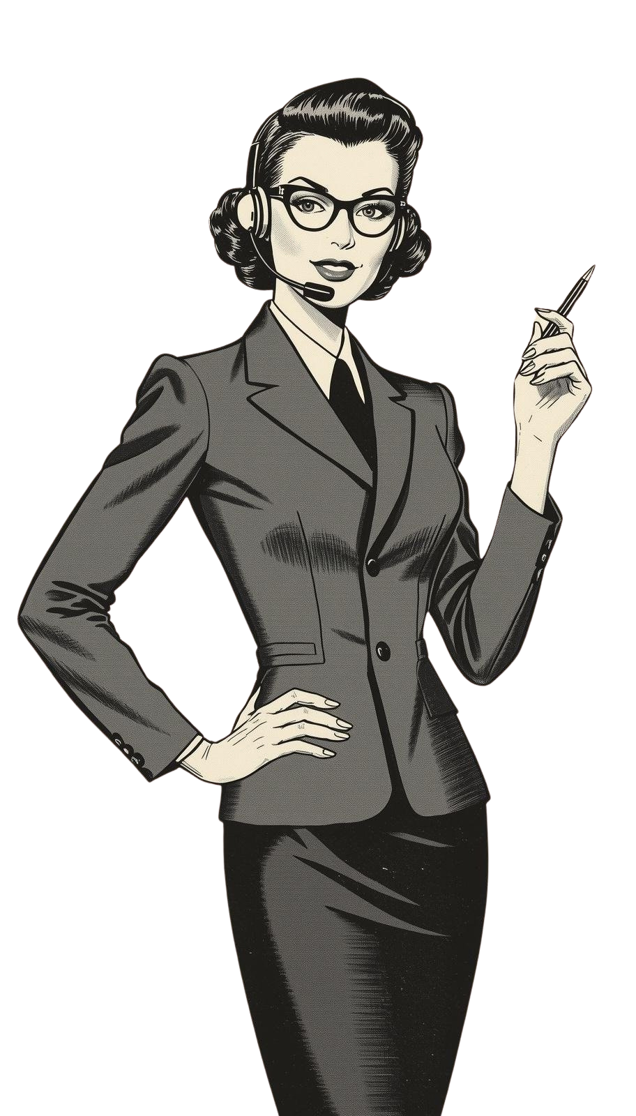 Vintage-style illustration of a professional woman in a 1940s suit with glasses and headset — Girl Friday Executive Solutions