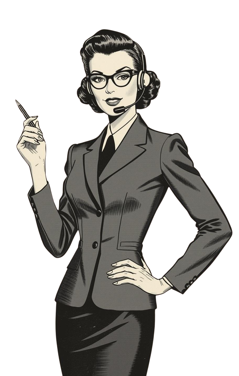 Vintage-style illustration of a professional woman in a 1940s suit with glasses and headset — Girl Friday Executive Solutions