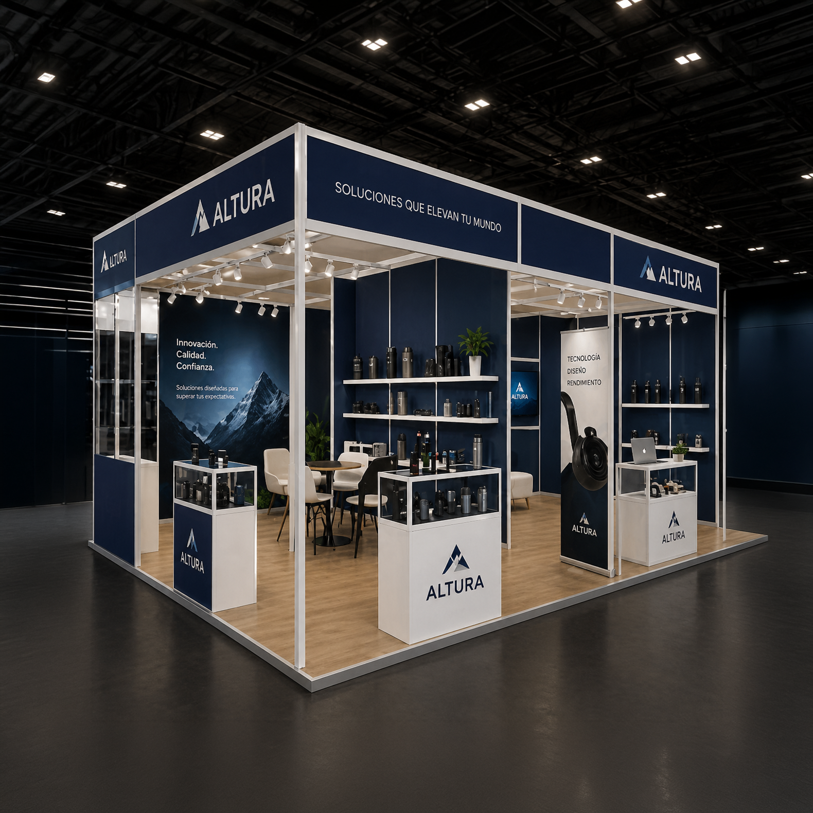 Stand de exhibición de la marca Altura en una feria, con estantes que muestran termos, botellas y accesorios relacionados con bebidas, decorado con plantas y una mesa de reuniones.